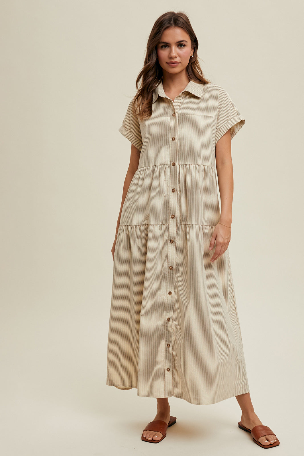 Stripe Corduroy Button-Up Dress in Cream/ Chocolate