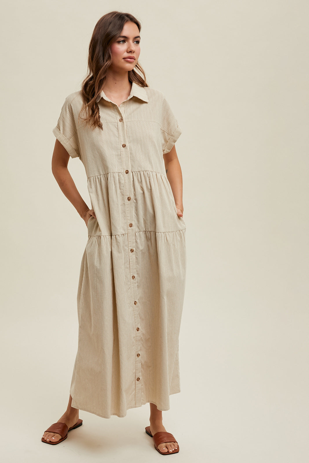 Stripe Corduroy Button-Up Dress in Cream/ Chocolate