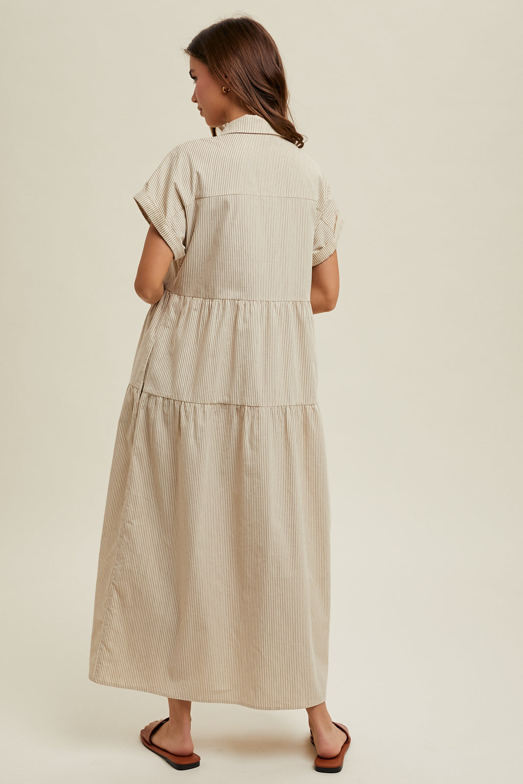 Stripe Corduroy Button-Up Dress in Cream/ Chocolate