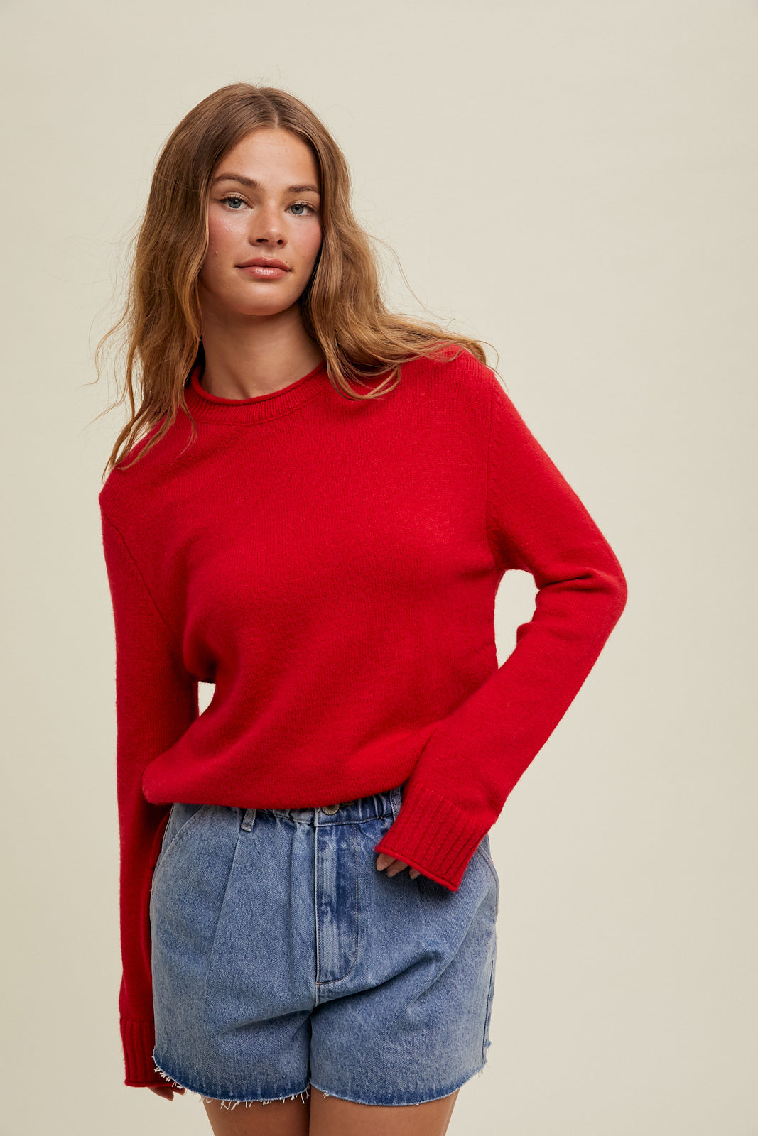 Ribbed Band Detail Sweater in Red
