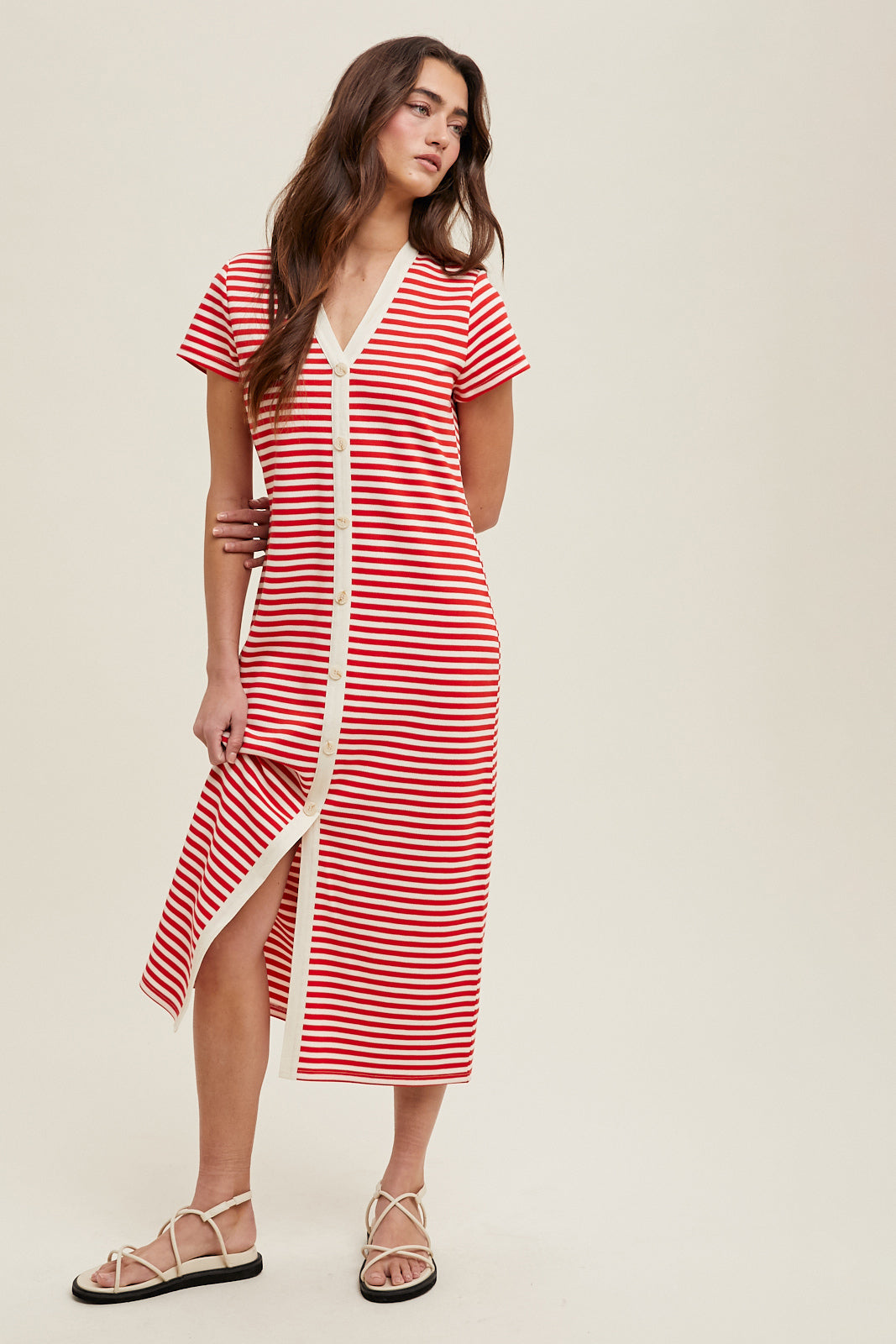 Stripe Button Down Dress in Cherry