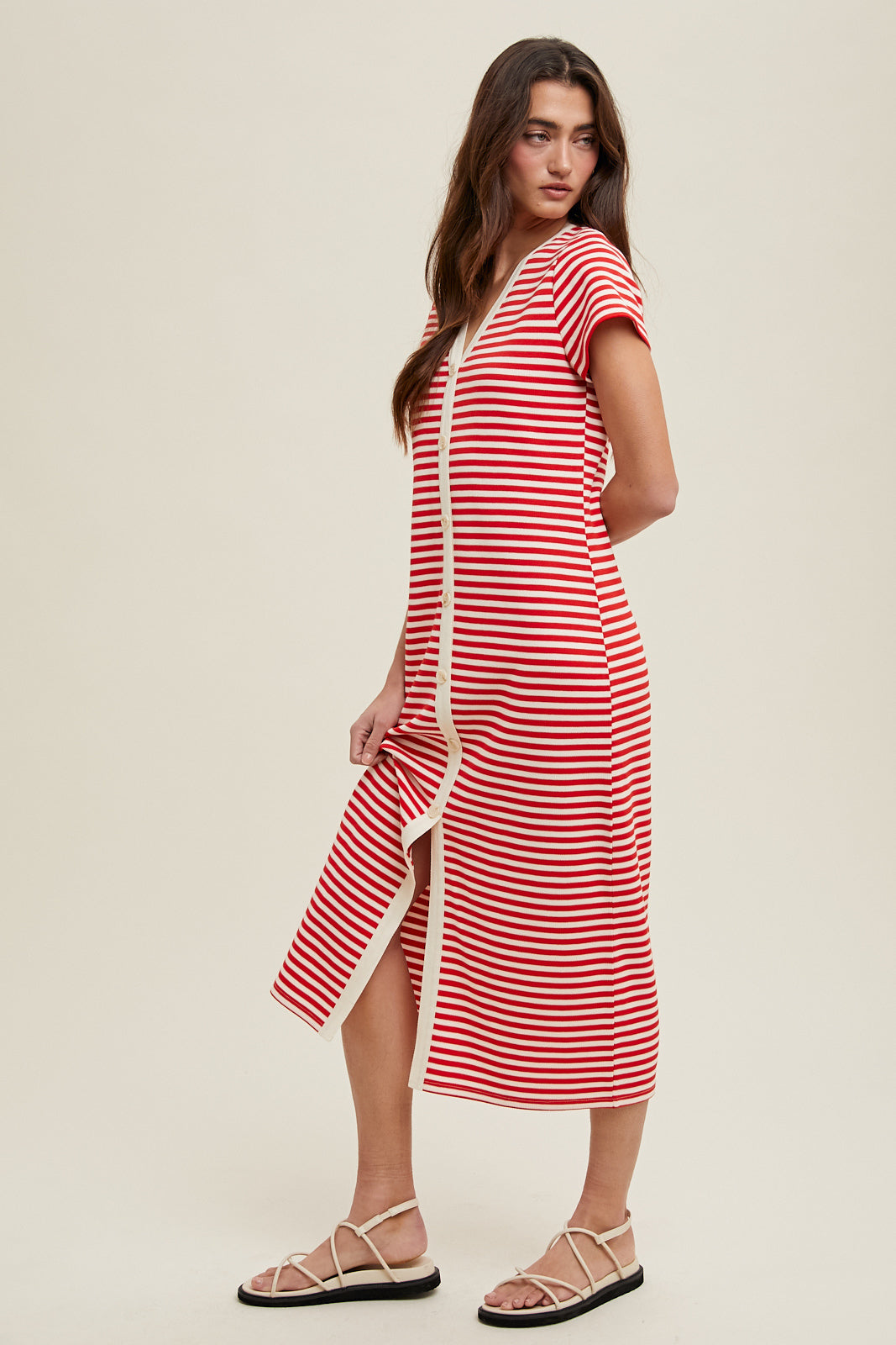 Stripe Button Down Dress in Cherry