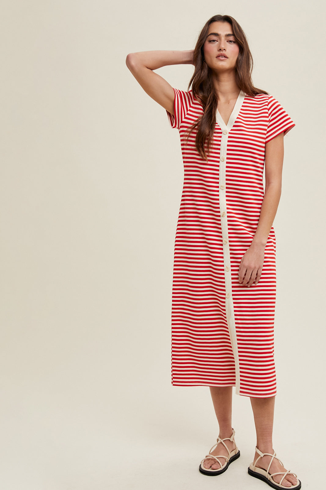Stripe Button Down Dress in Cherry