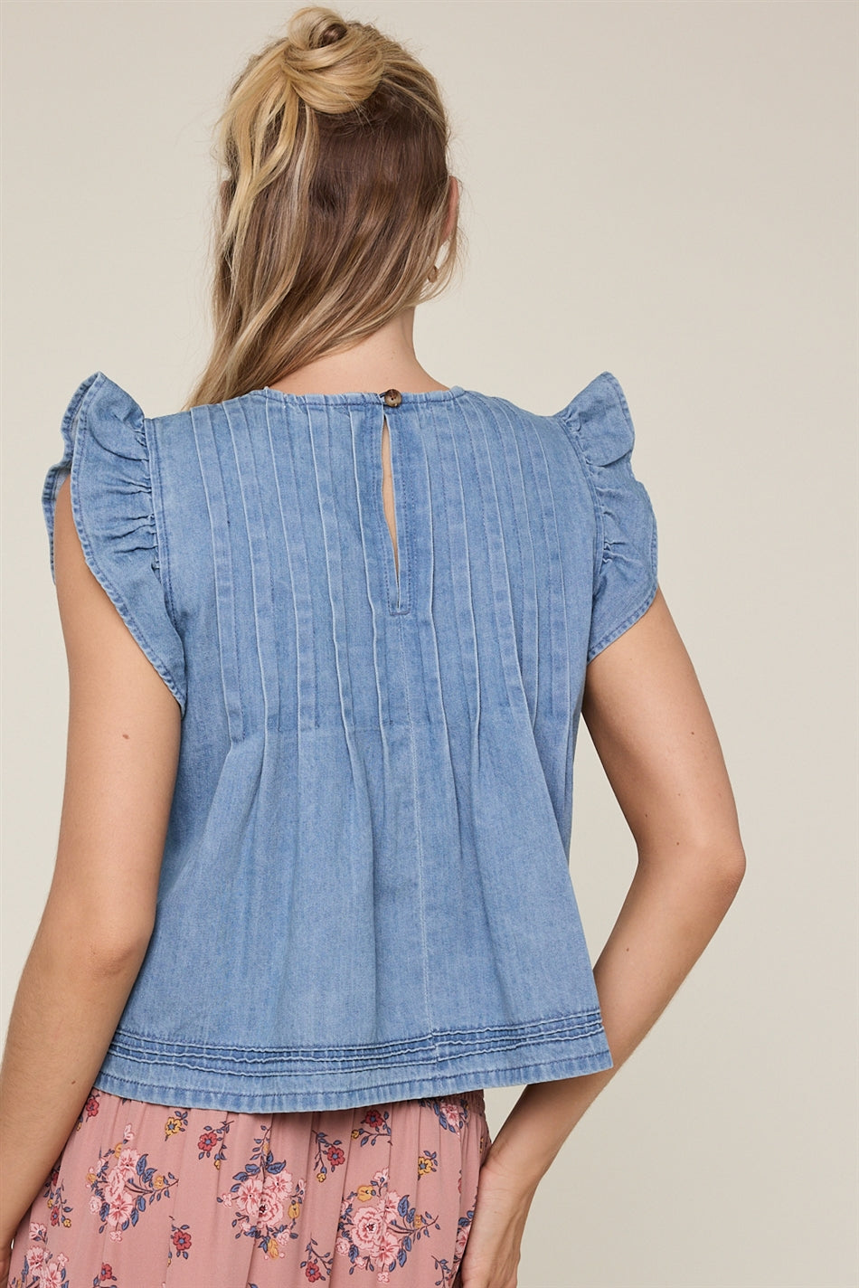 Ruffle and Pleated Denim Top
