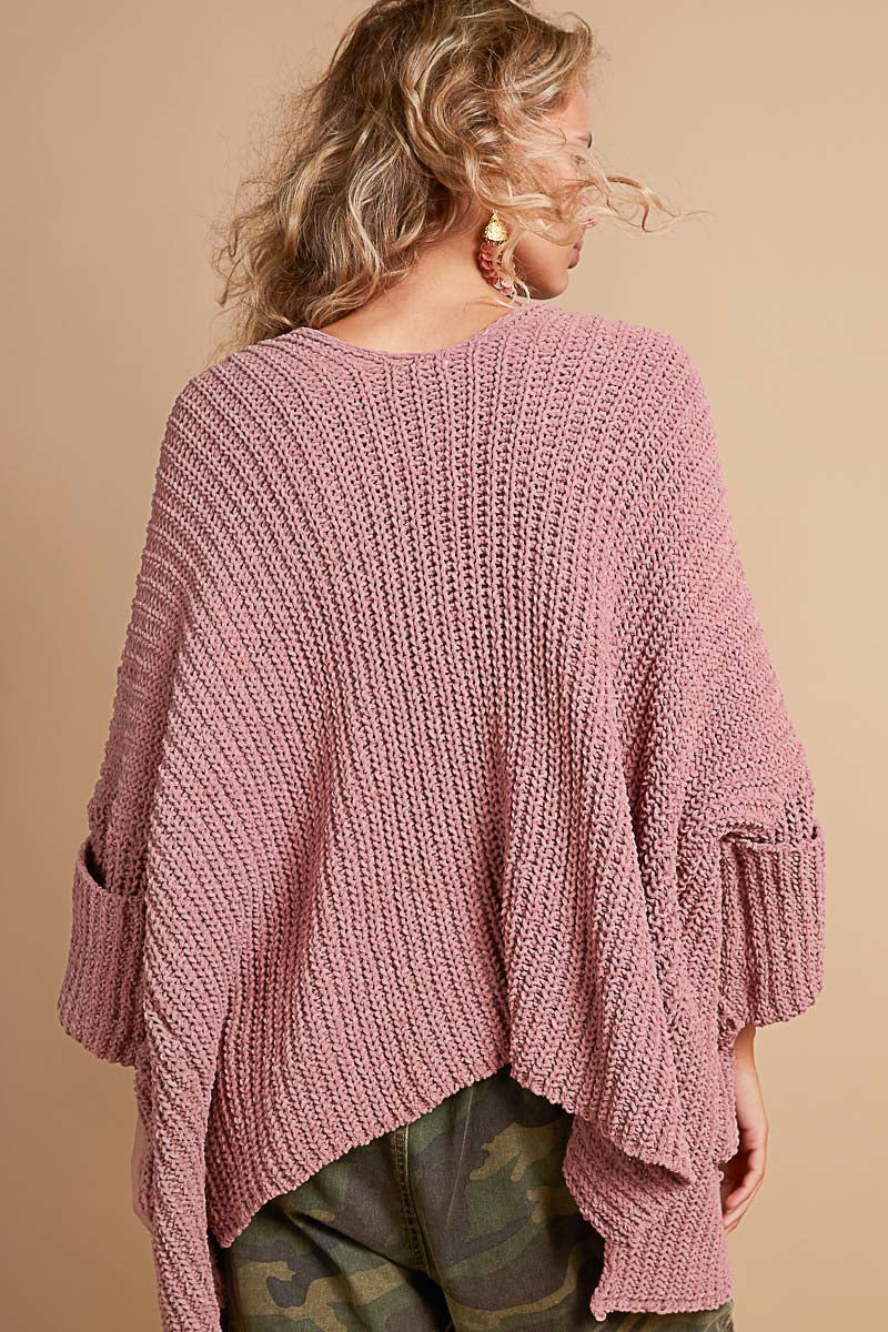 Open Knit Cuff Sleeve Cardigan in Mauve