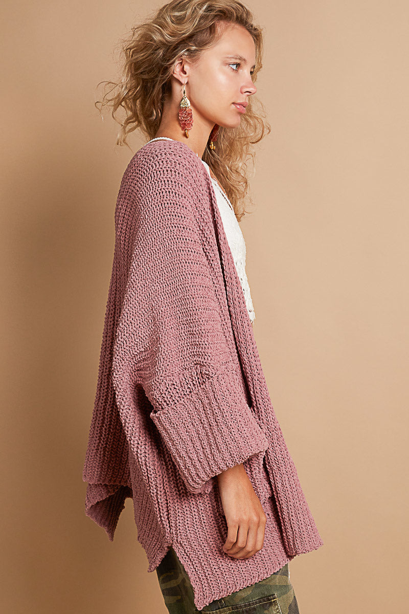 Open Knit Cuff Sleeve Cardigan in Mauve
