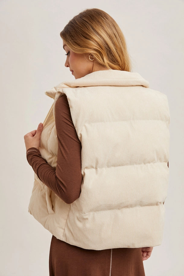 Corduroy Quilted Puffer Vest in Ecru