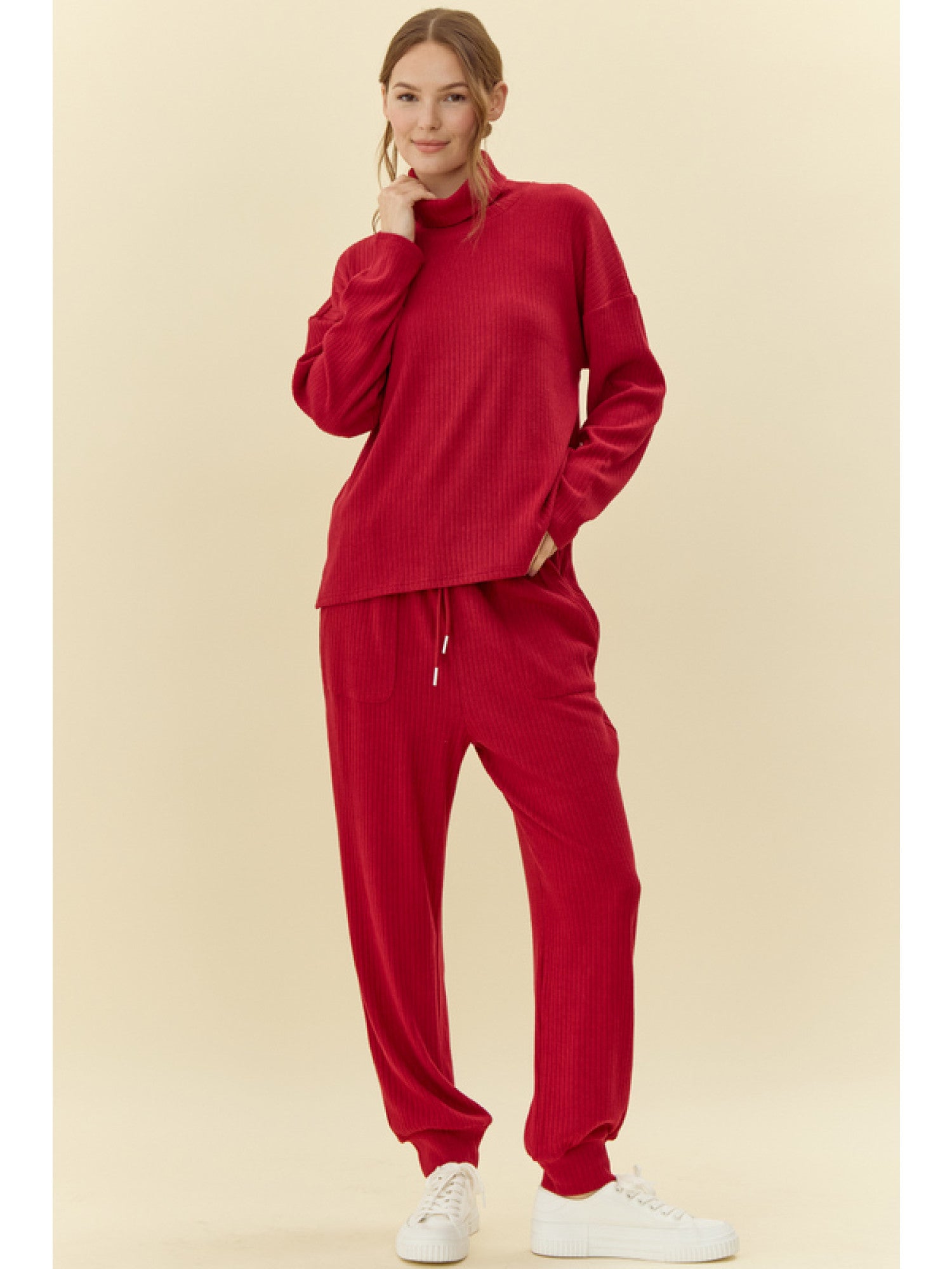 Ribbed Turtleneck Set in Wine