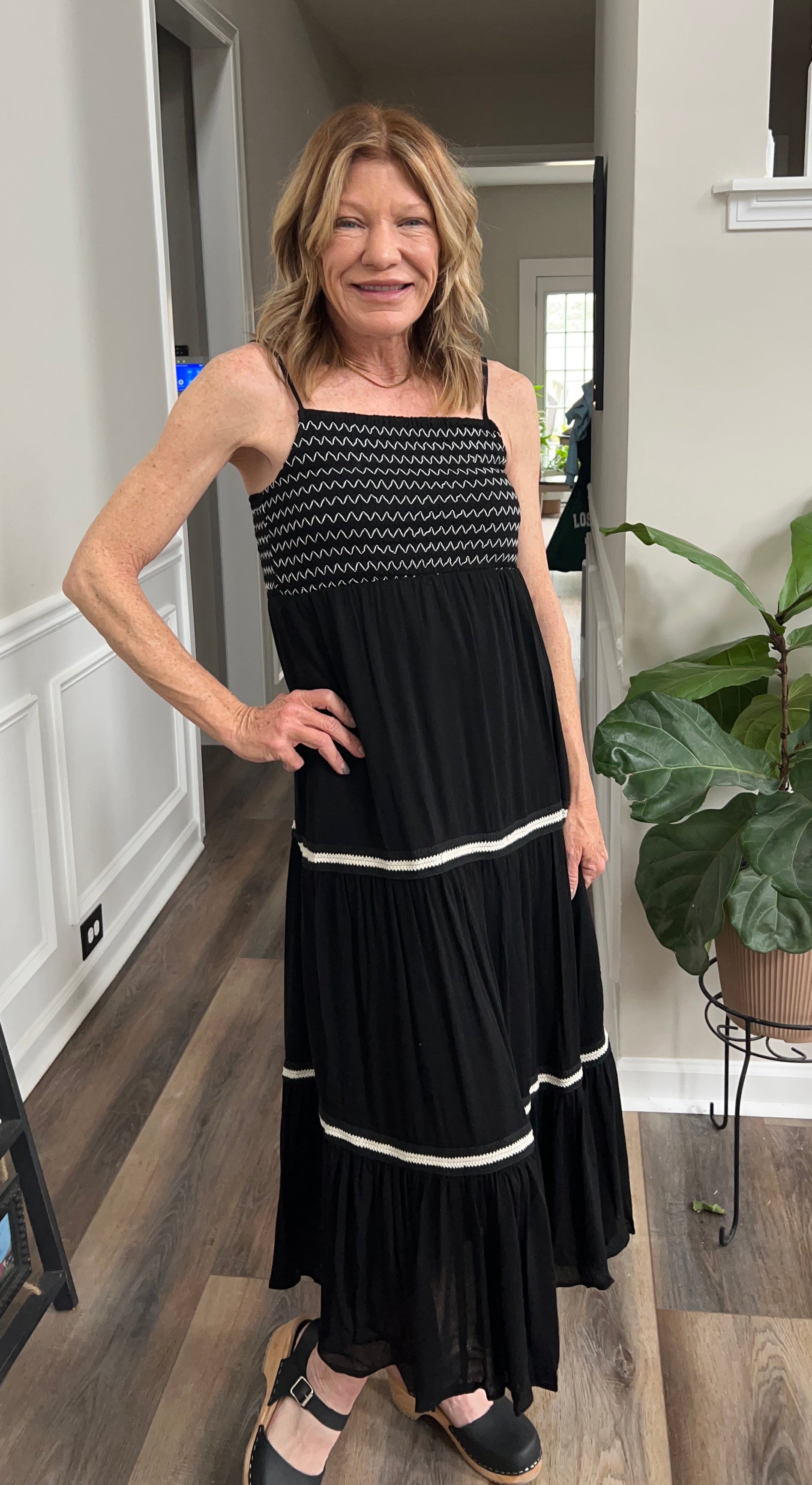 Smocked Contrast Midi Dress in Black and White