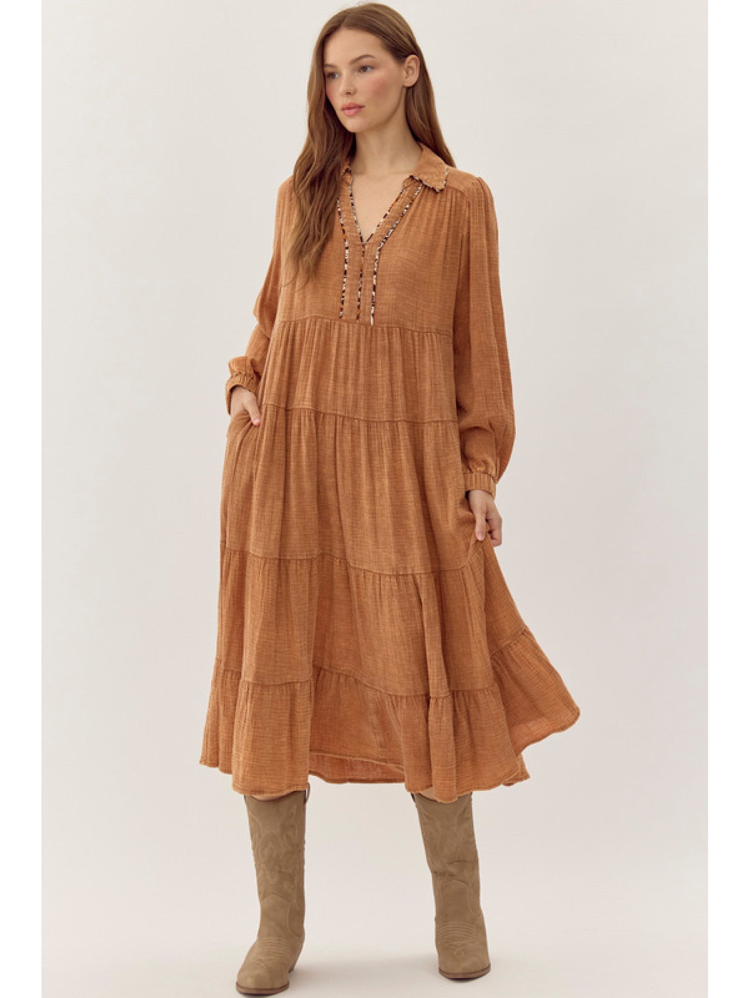 Cotton Texture Midi Dress in Toffee