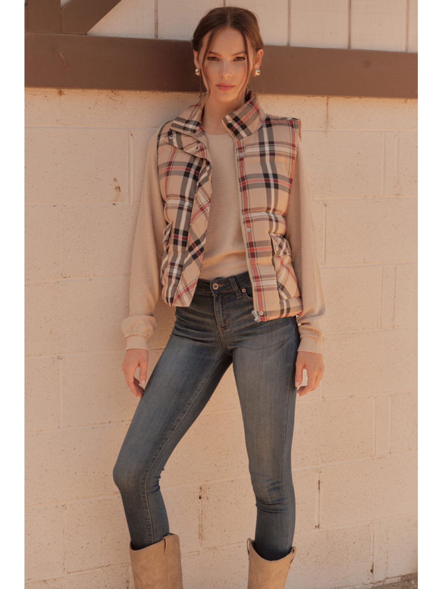 Plaid Check Vest in Taupe