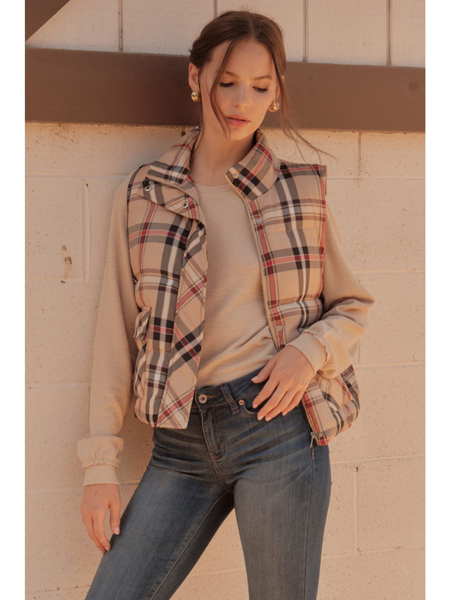 Plaid Check Vest in Taupe