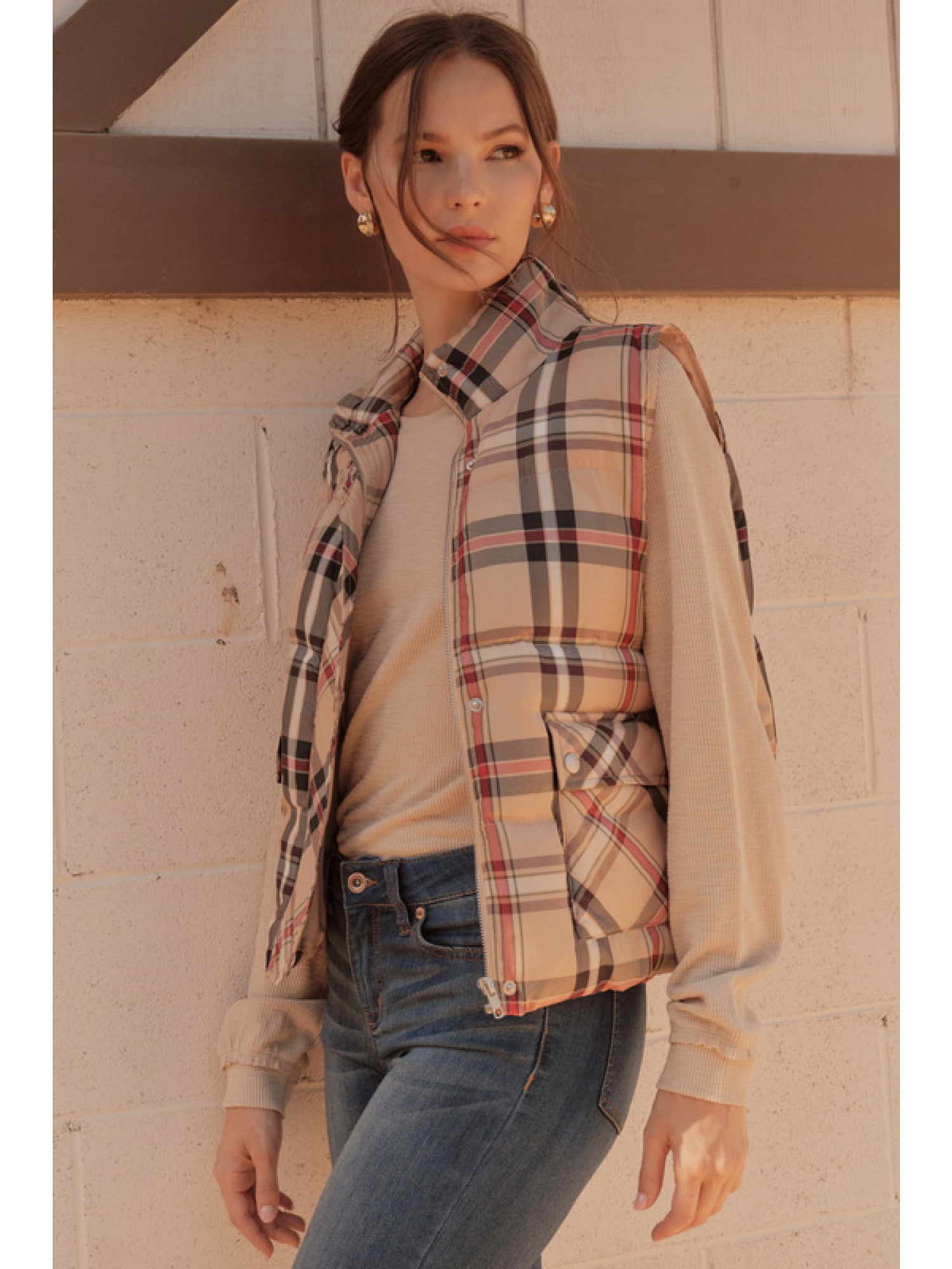 Plaid Check Vest in Taupe