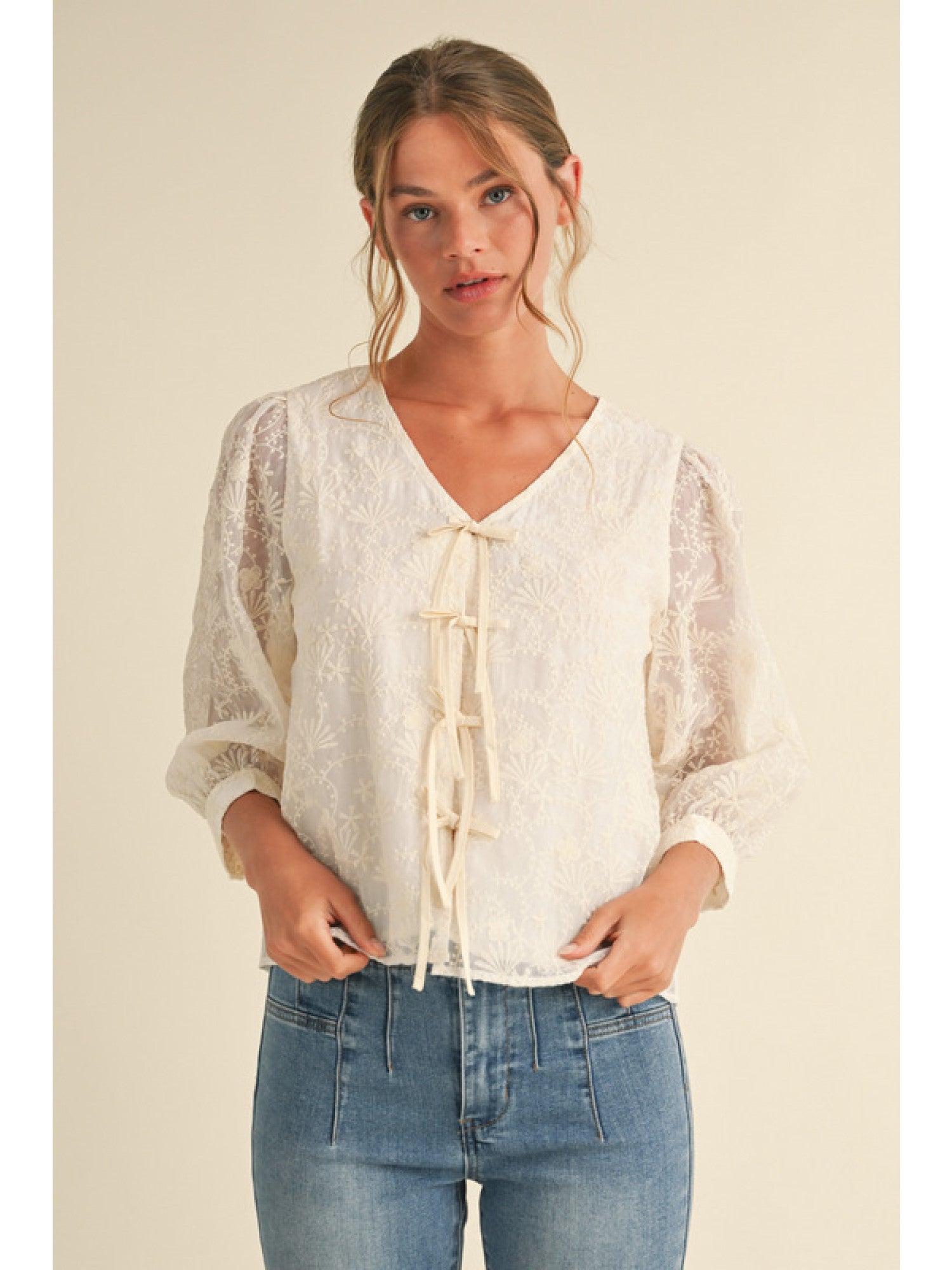 Lace V-Neck Blouse in Natural
