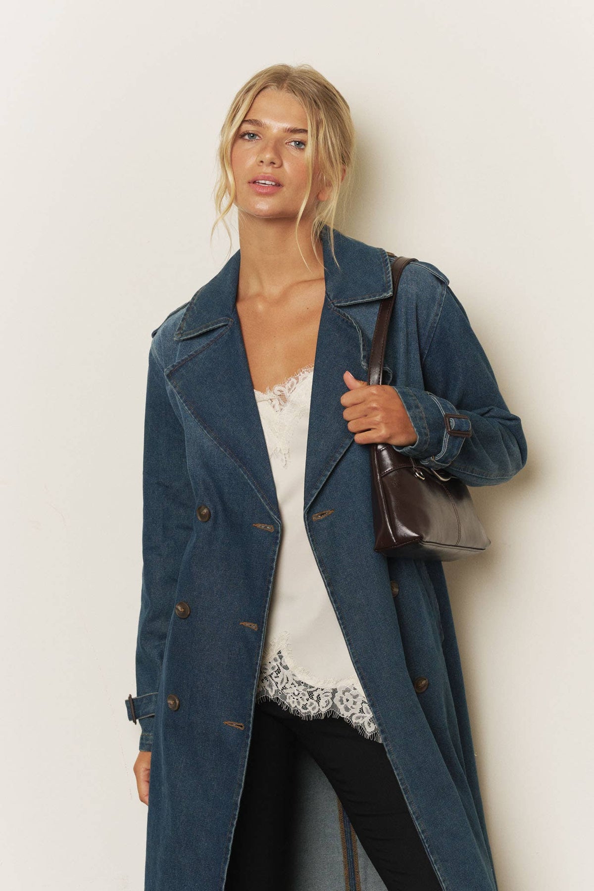 NOTCH COLLAR DENIM TRENCH COAT