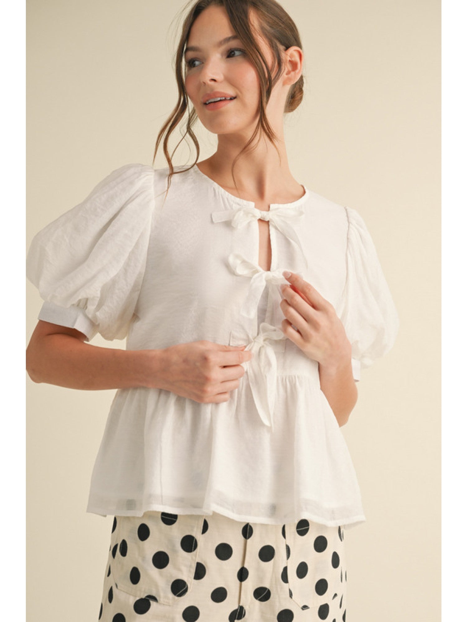 Dark Brown Bow Tie Peplum Stylish Long Sleeve Top