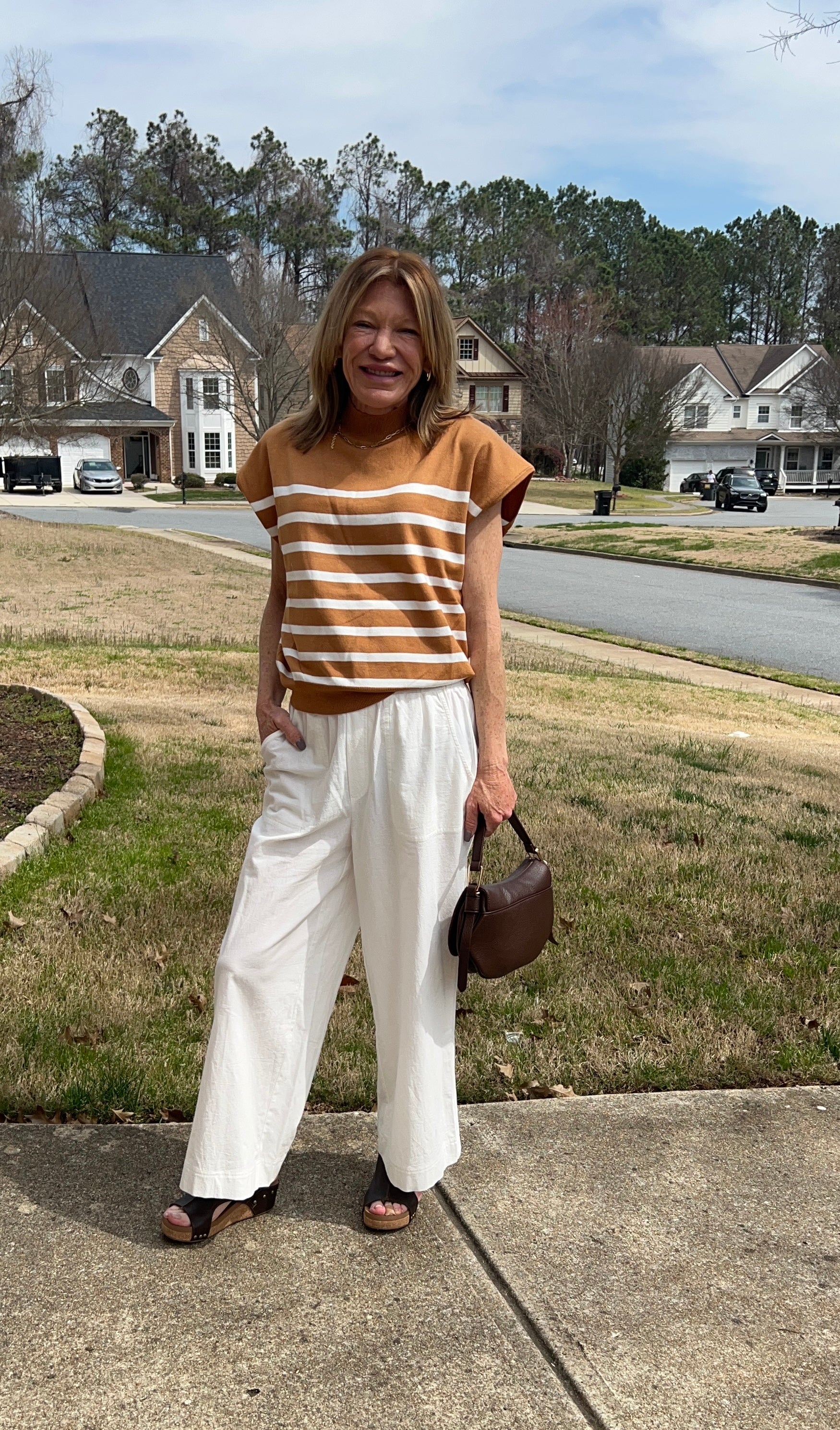 Short Sleeve Striped Top in Camel/Off White