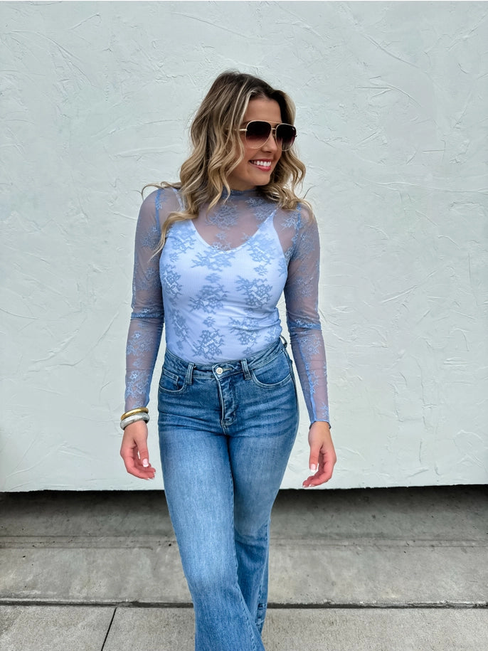 Long Sleeve Lace Top in Baby Blue