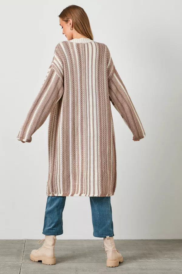 Stripe Long Sweater Cardigan in Cream/Mocha