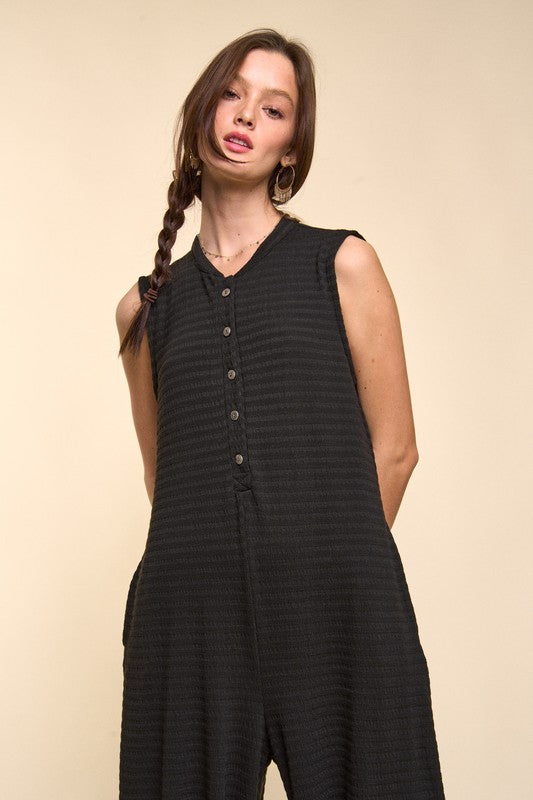 Sleeveless Textured Wide Leg Jumpsuit