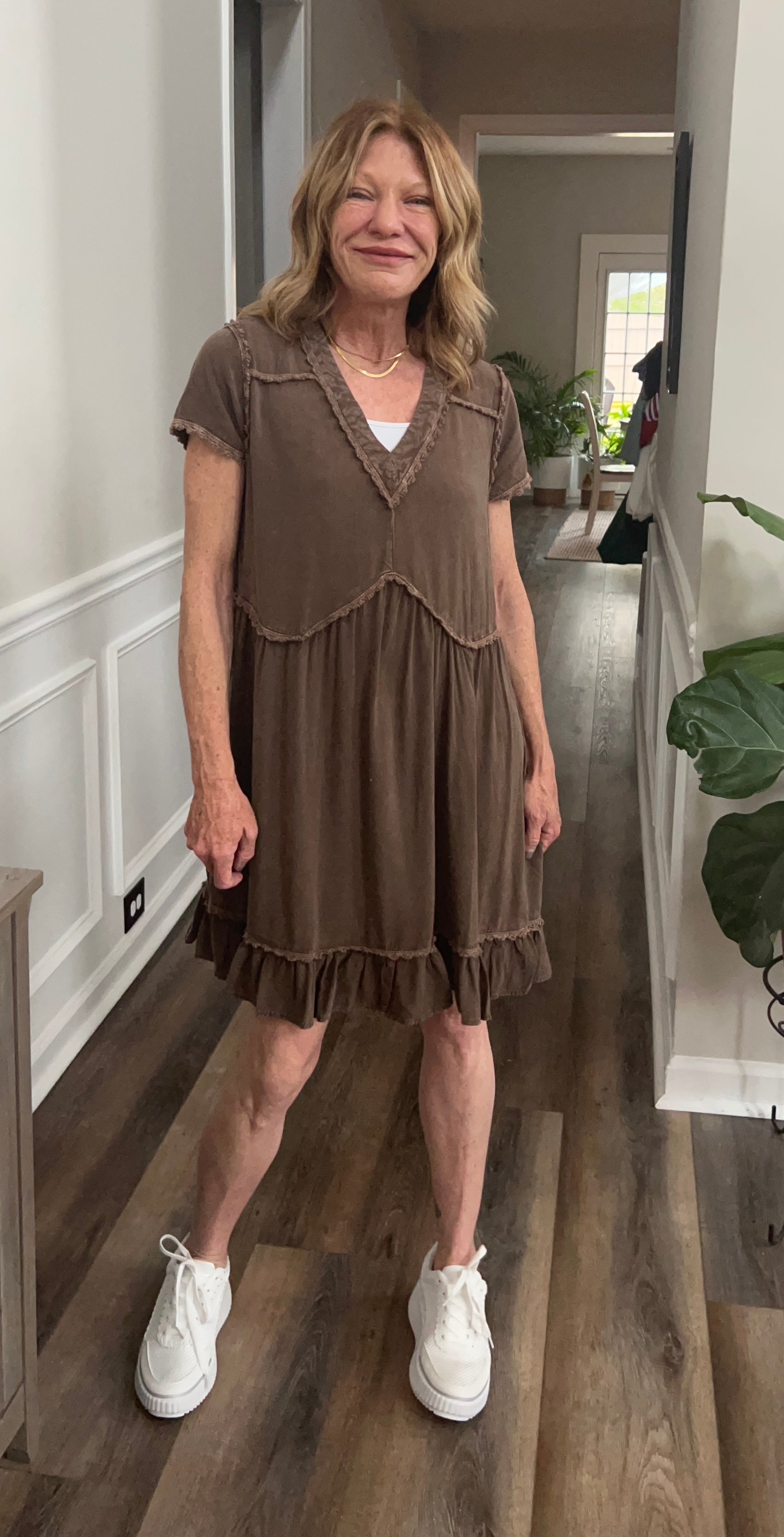 Mineral washed short sleeve Crochet Dress in Ash