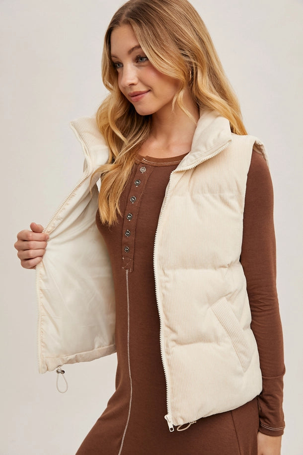 Corduroy Quilted Puffer Vest in Ecru