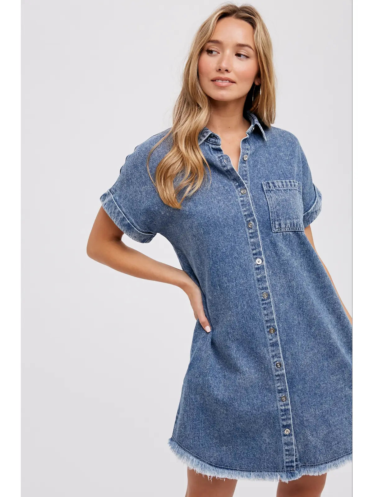 Frayed Hem Denim Shirt Dress