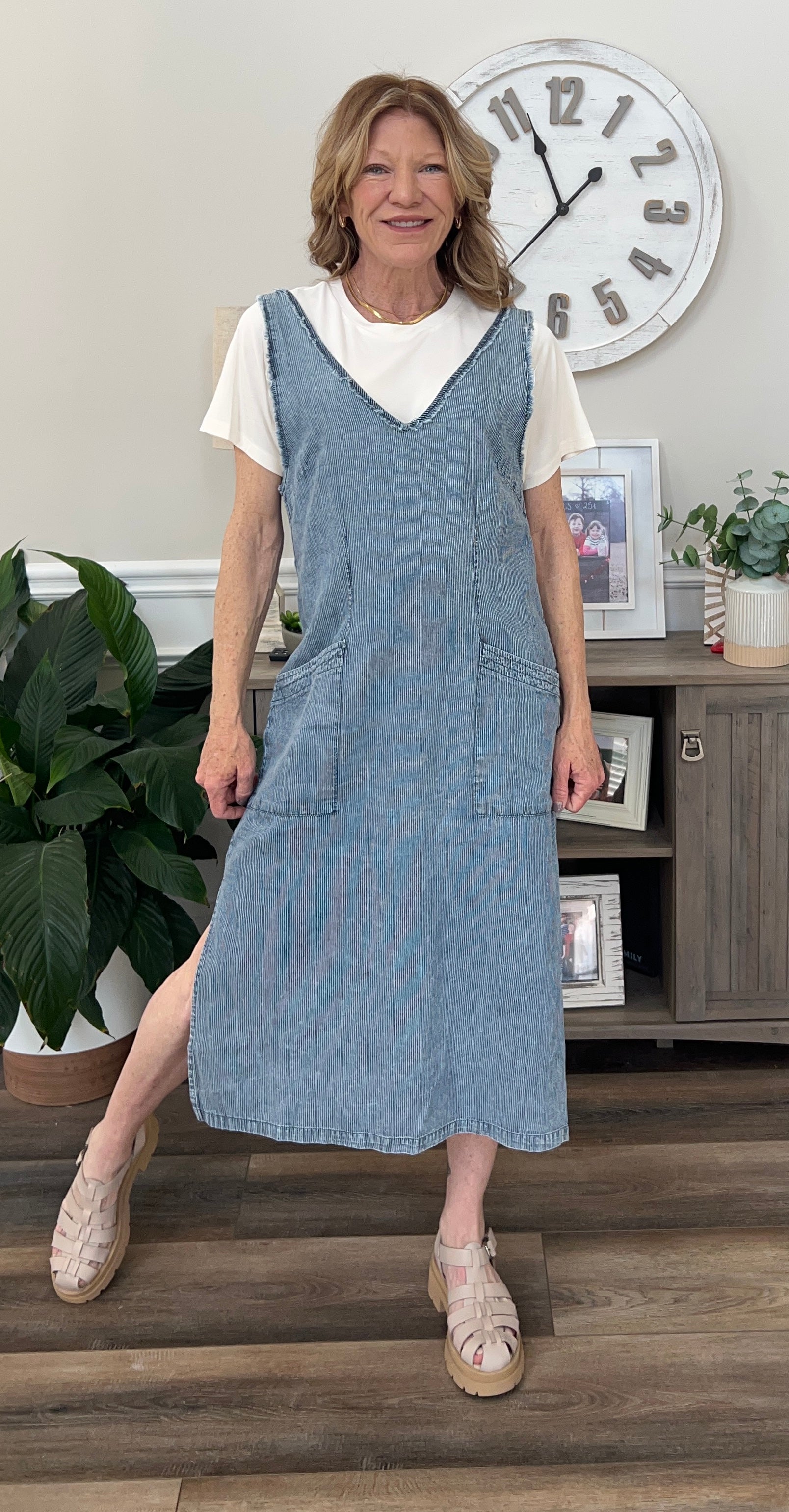Stonewash Pinstripe Midi Dress
