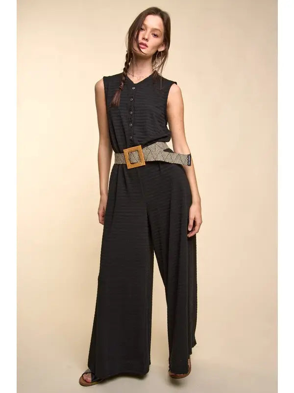 Sleeveless Textured Wide Leg Jumpsuit