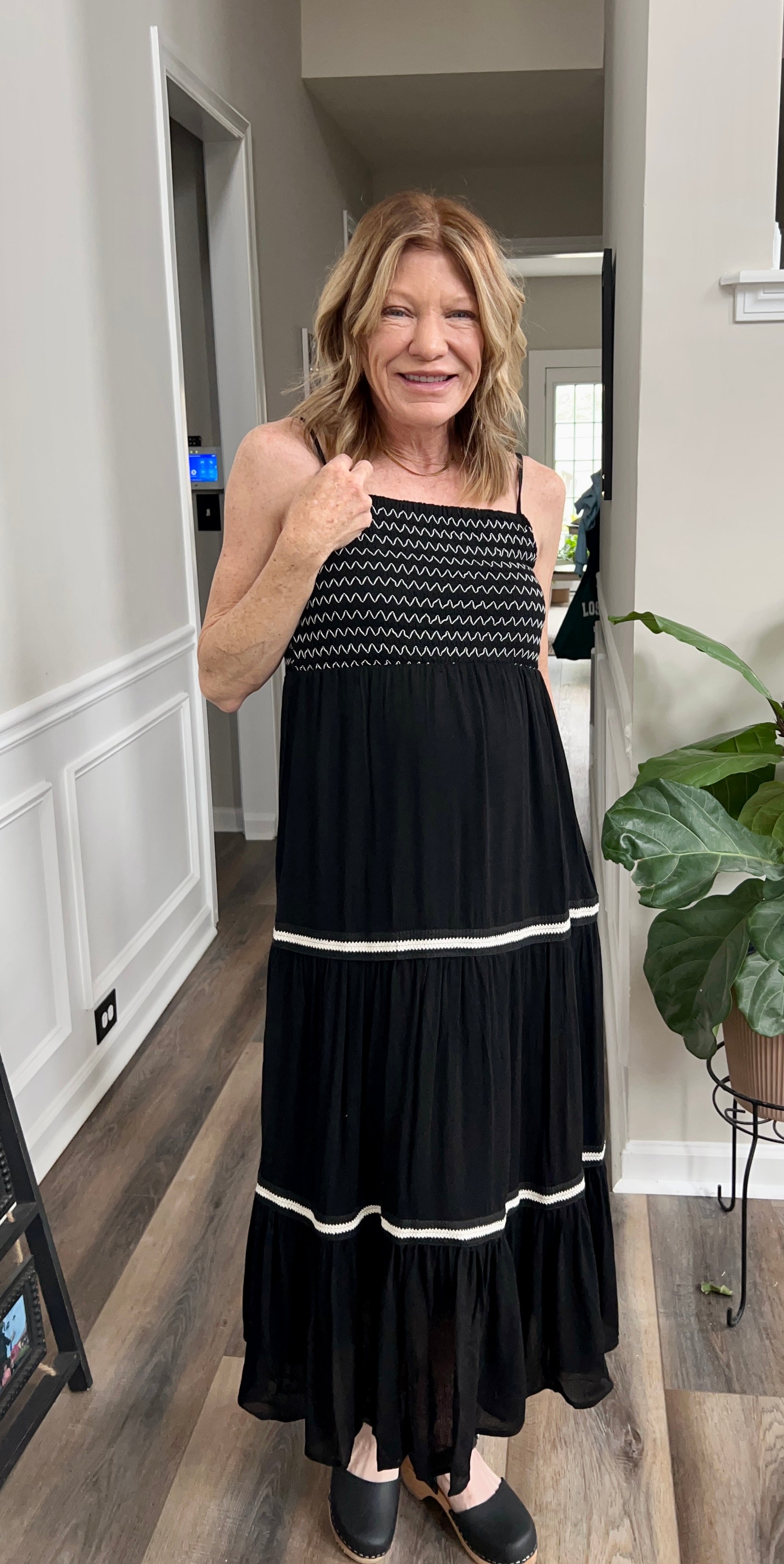 Smocked Contrast Midi Dress in Black and White