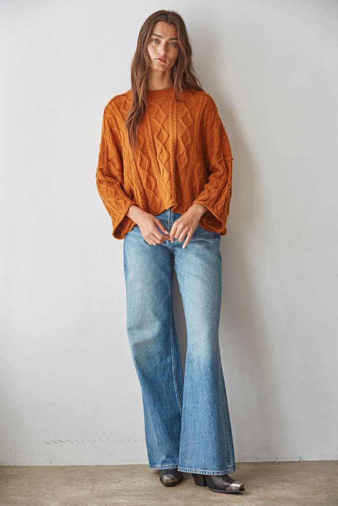 Knit Cable Sweater Cotton 3/4 Sleeve Pullover