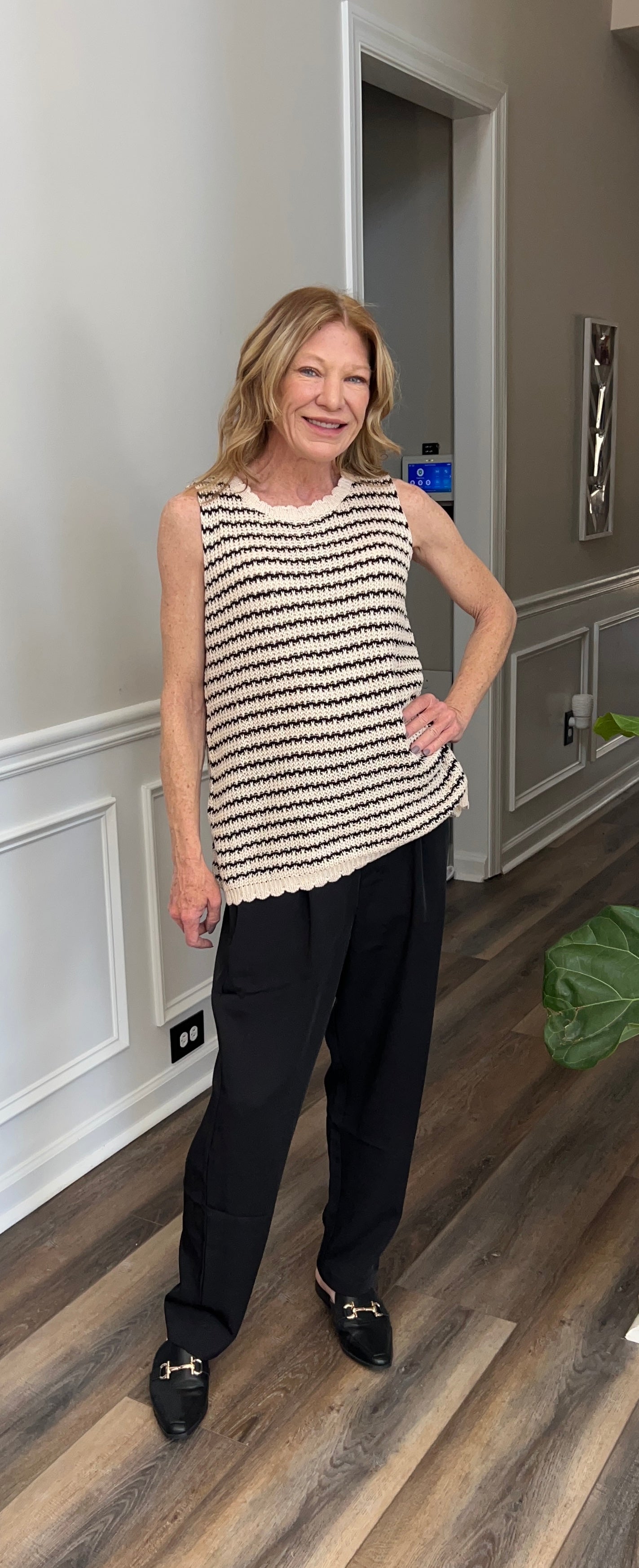 Striped crochet tank with a scalloped edge