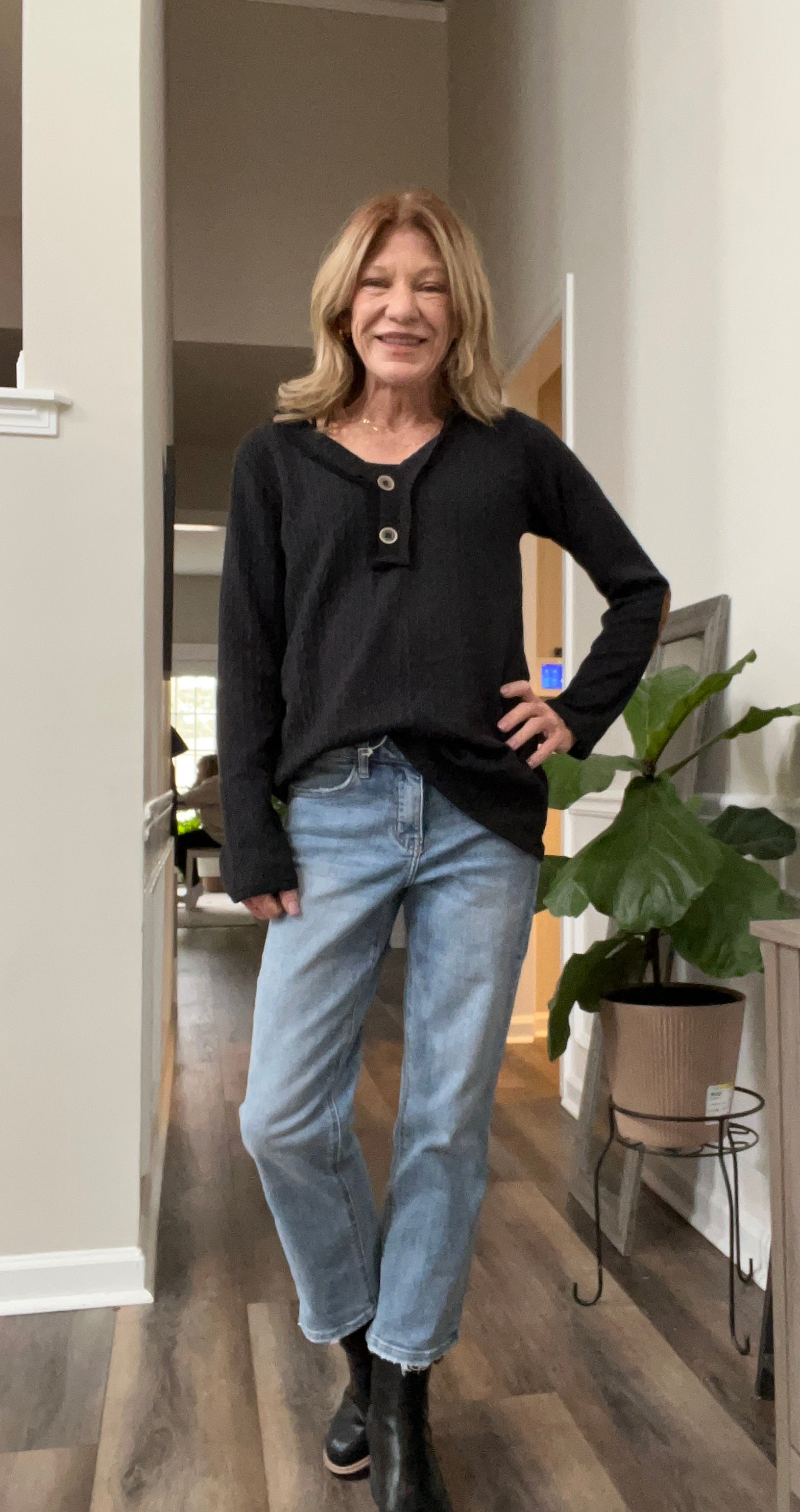 Long Sleeve V-Neck Solid Texture With Elbow Patch