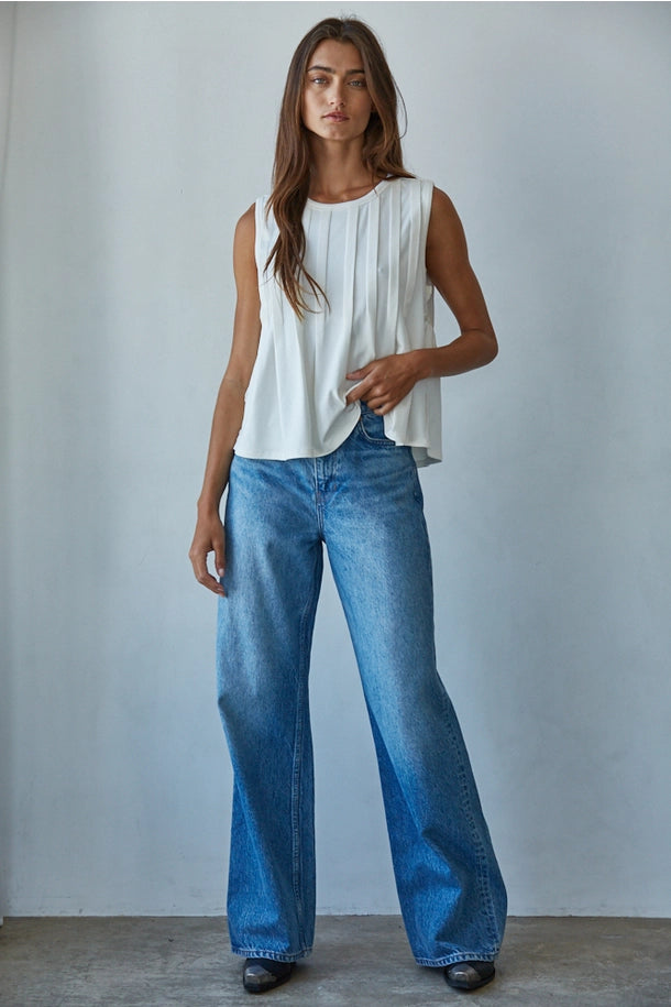 Pleated Knit Sleeveless Top in Cream