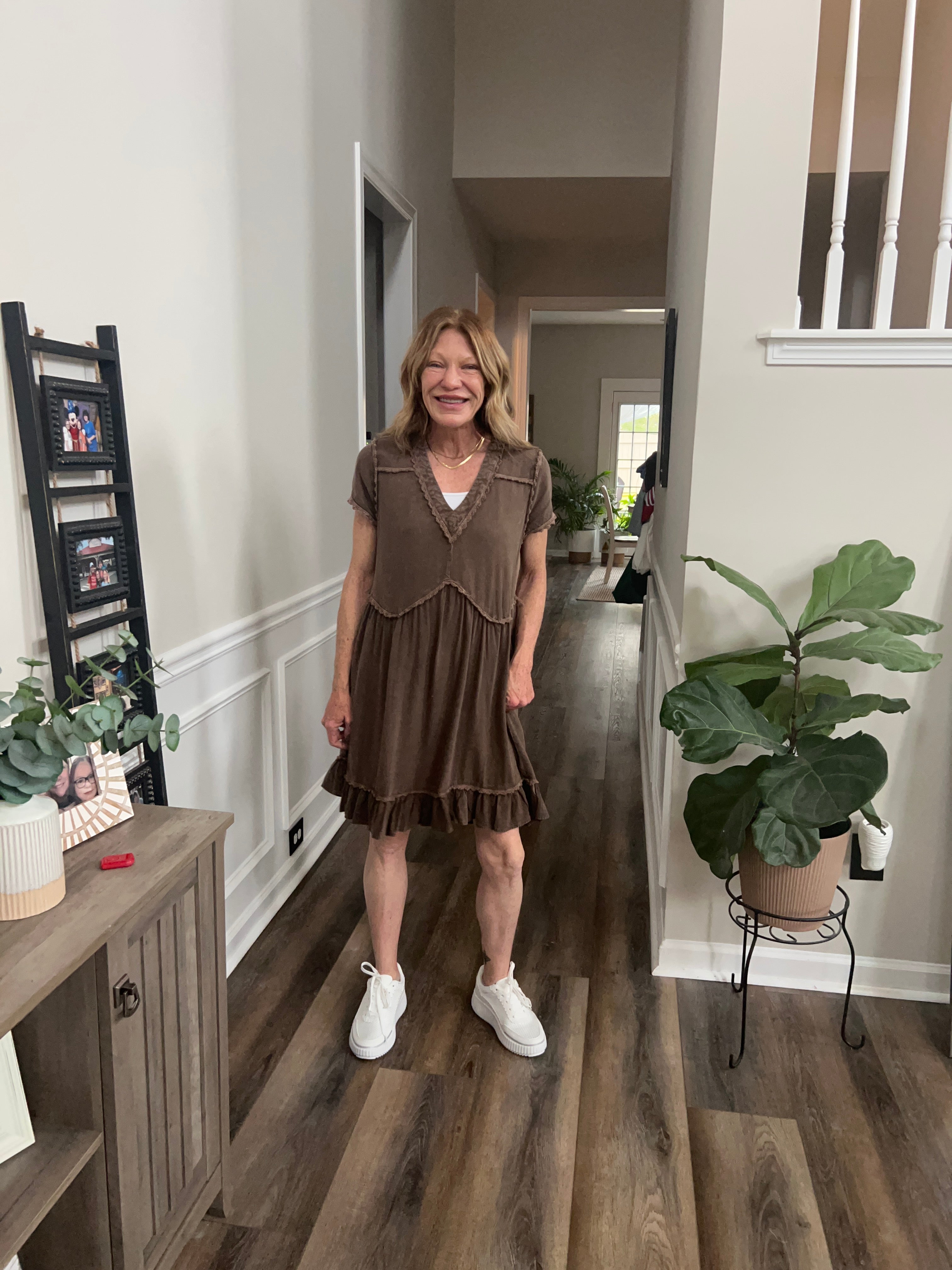 Mineral washed short sleeve Crochet Dress in Ash