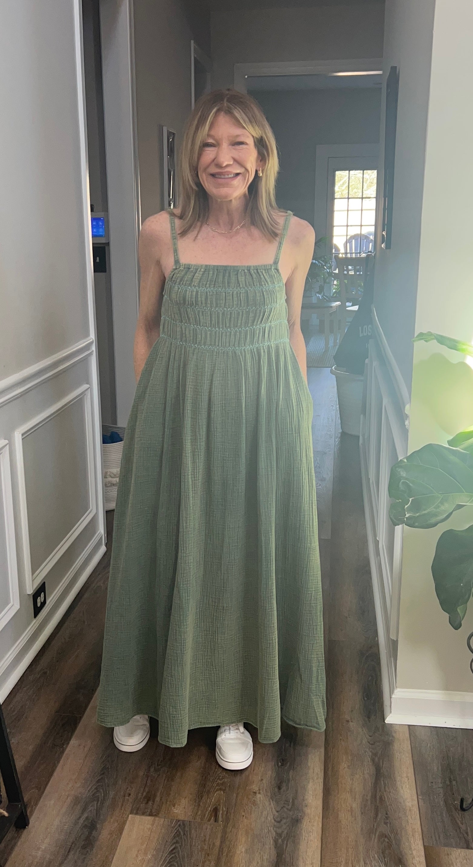 Smocked Overall Dress in sage leaf