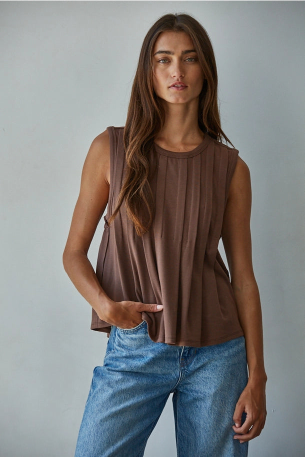 Pleated Knit Sleeveless Top in Chocolate