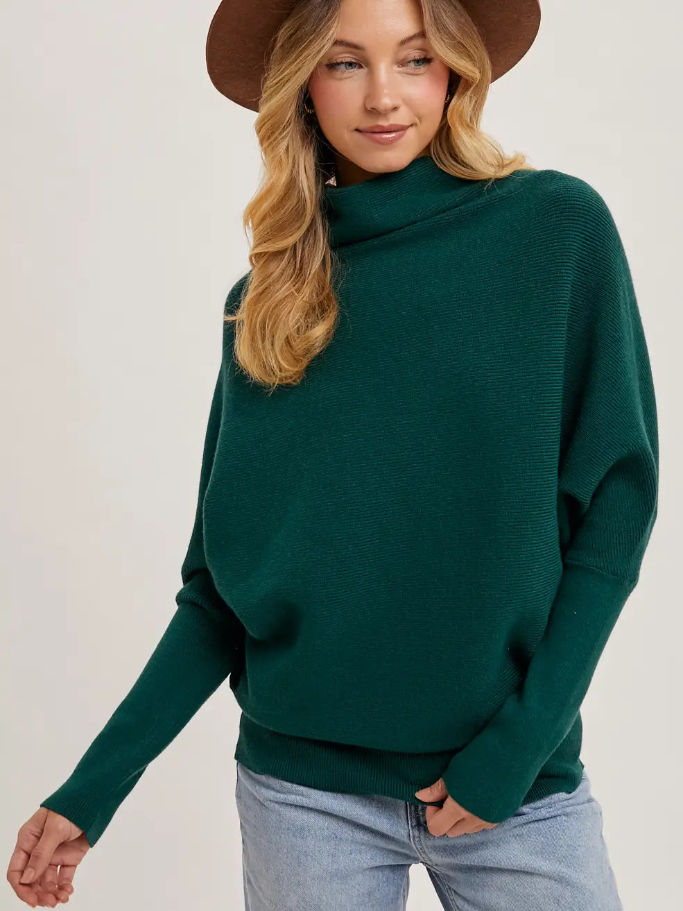 Slouch Neck Dolman Pullover in Hunter Green