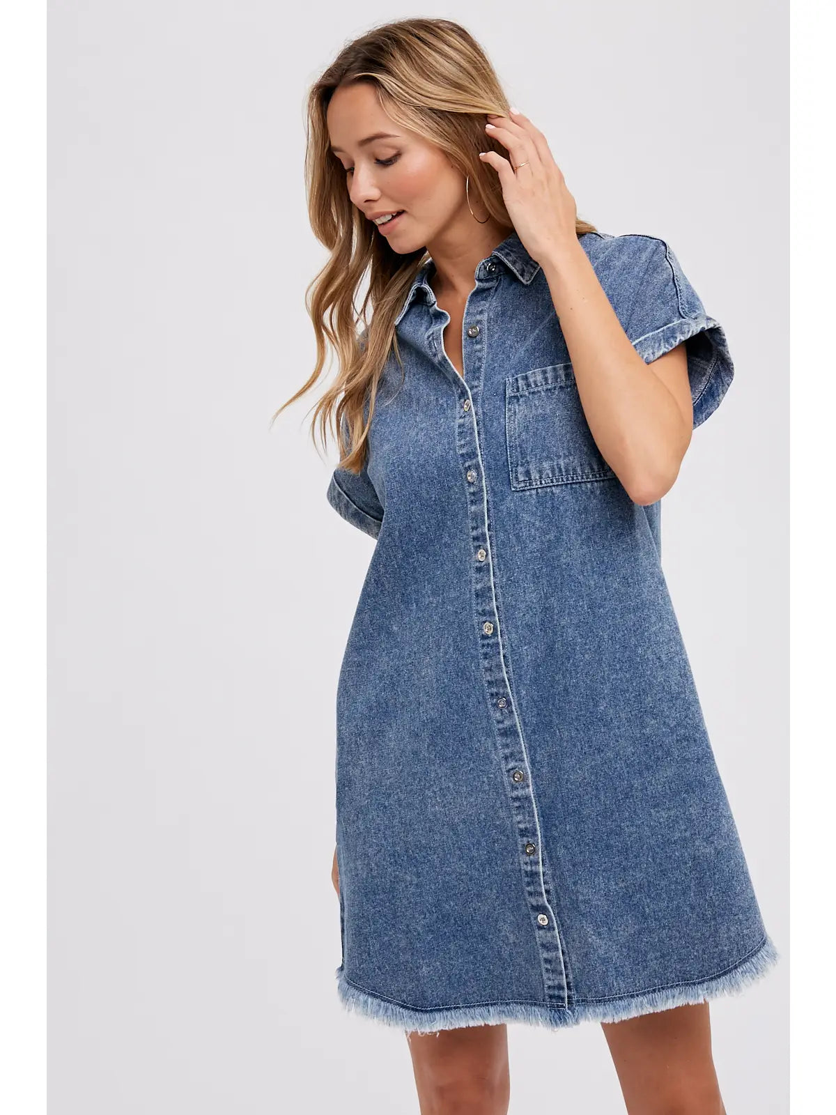 Frayed Hem Denim Shirt Dress
