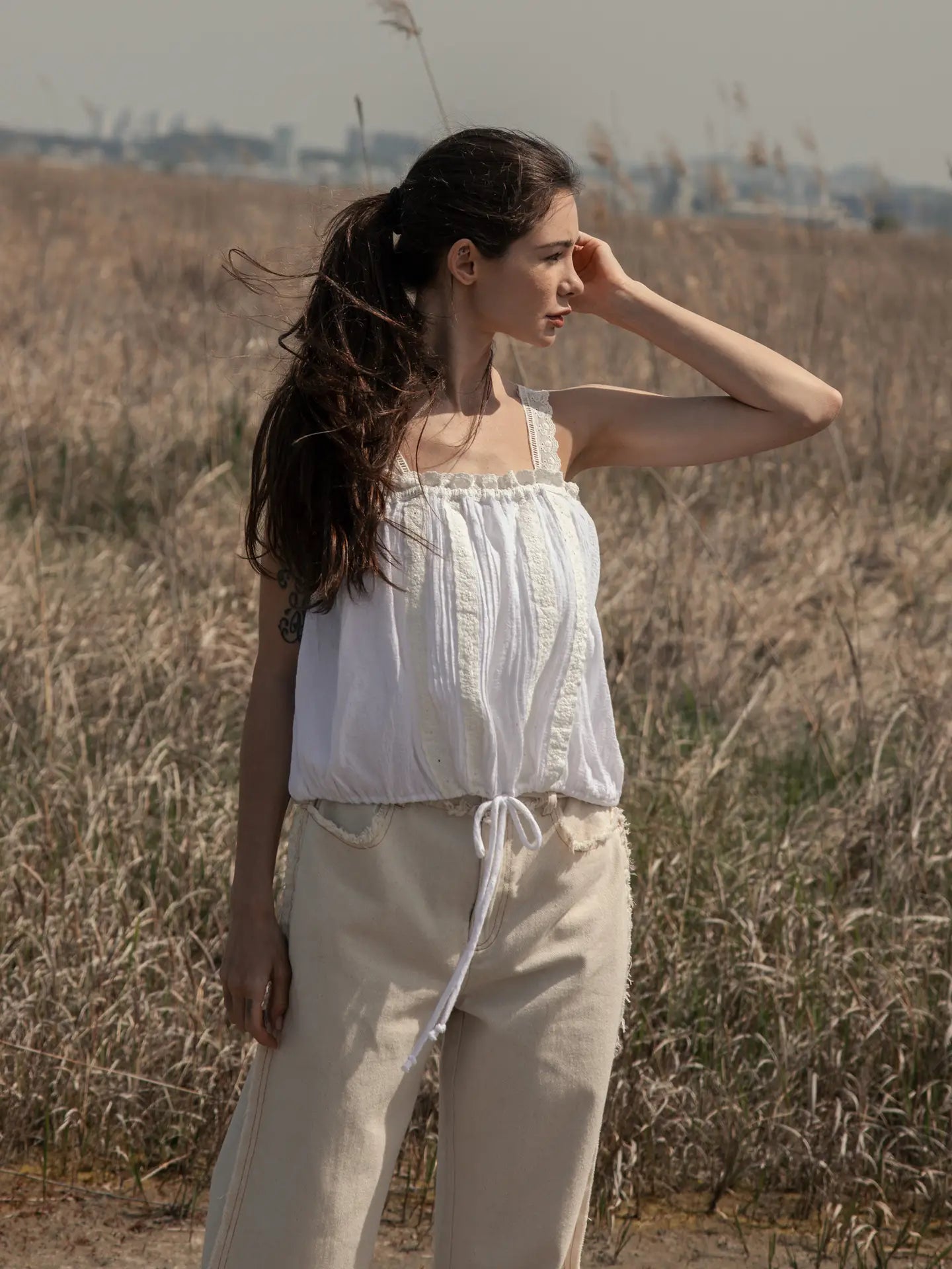 Lace Sleeve Drawstring Waist Tank