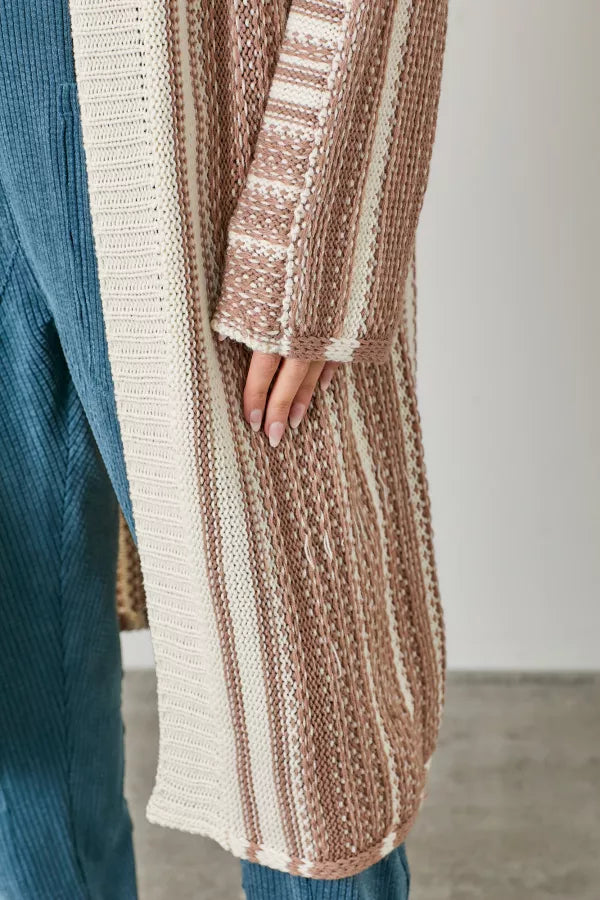 Stripe Long Sweater Cardigan in Cream/Mocha