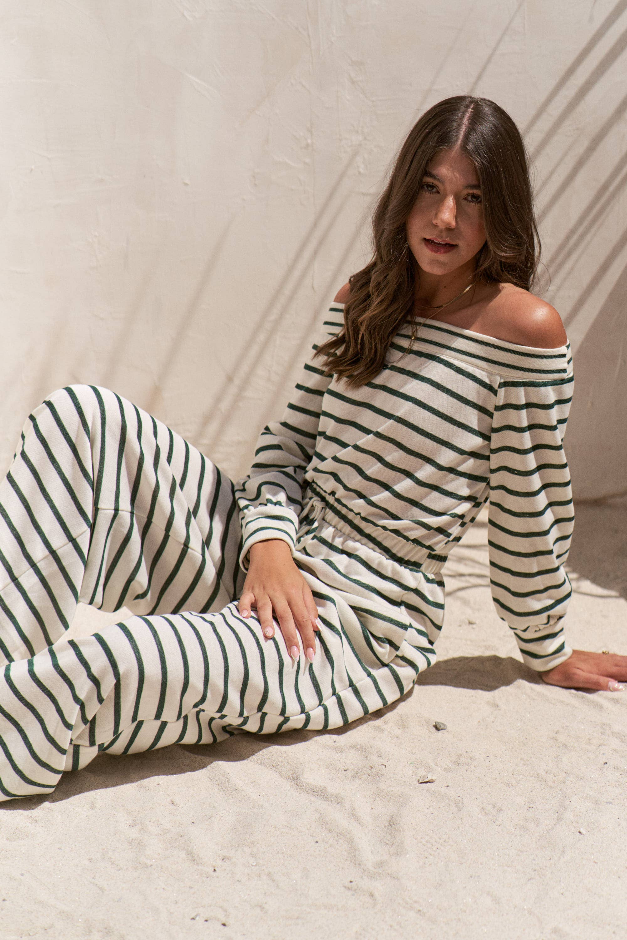 OFF-SHOULDER STRIPED TERRY JUMPSUIT in White/Green
