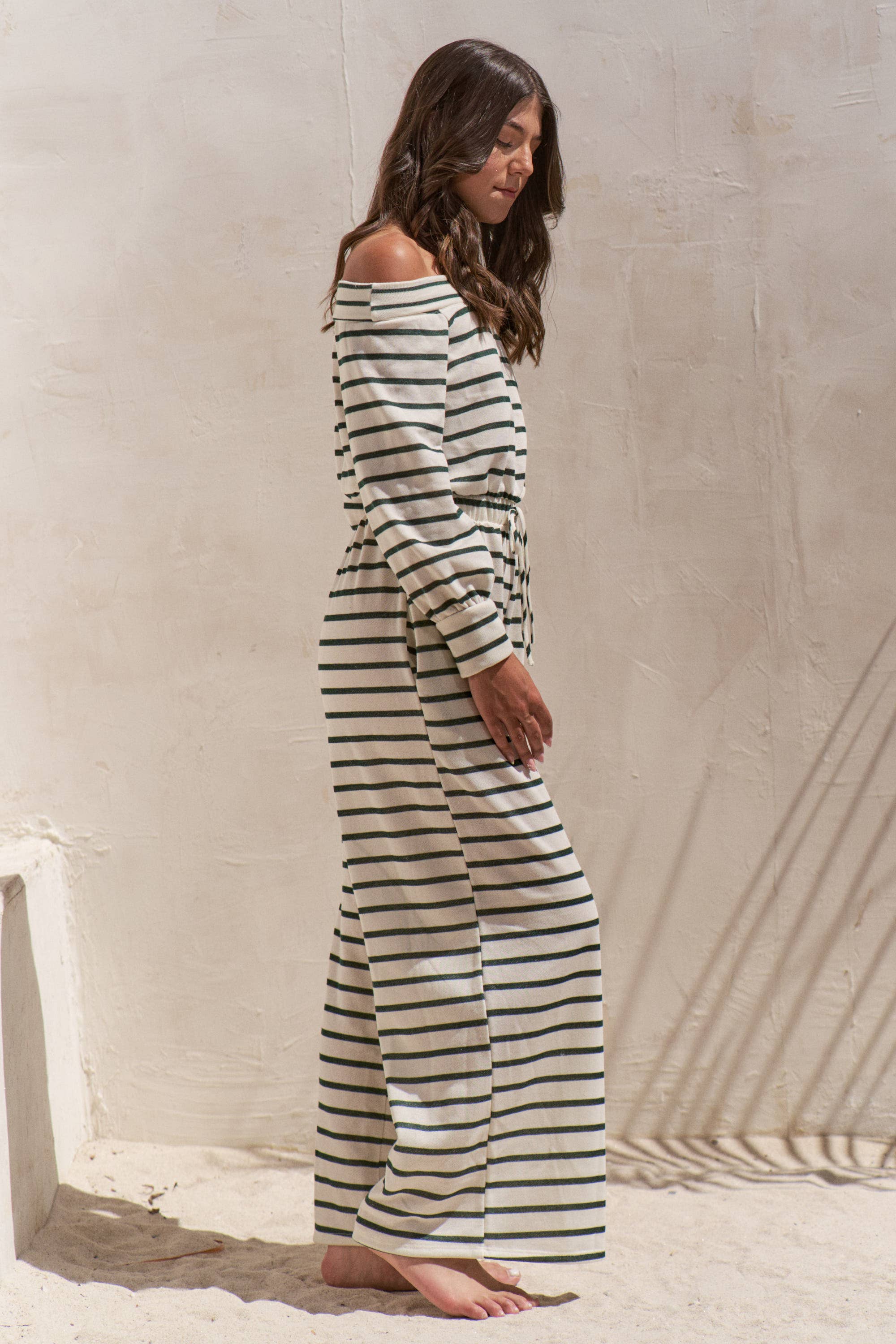 OFF-SHOULDER STRIPED TERRY JUMPSUIT in White/Green