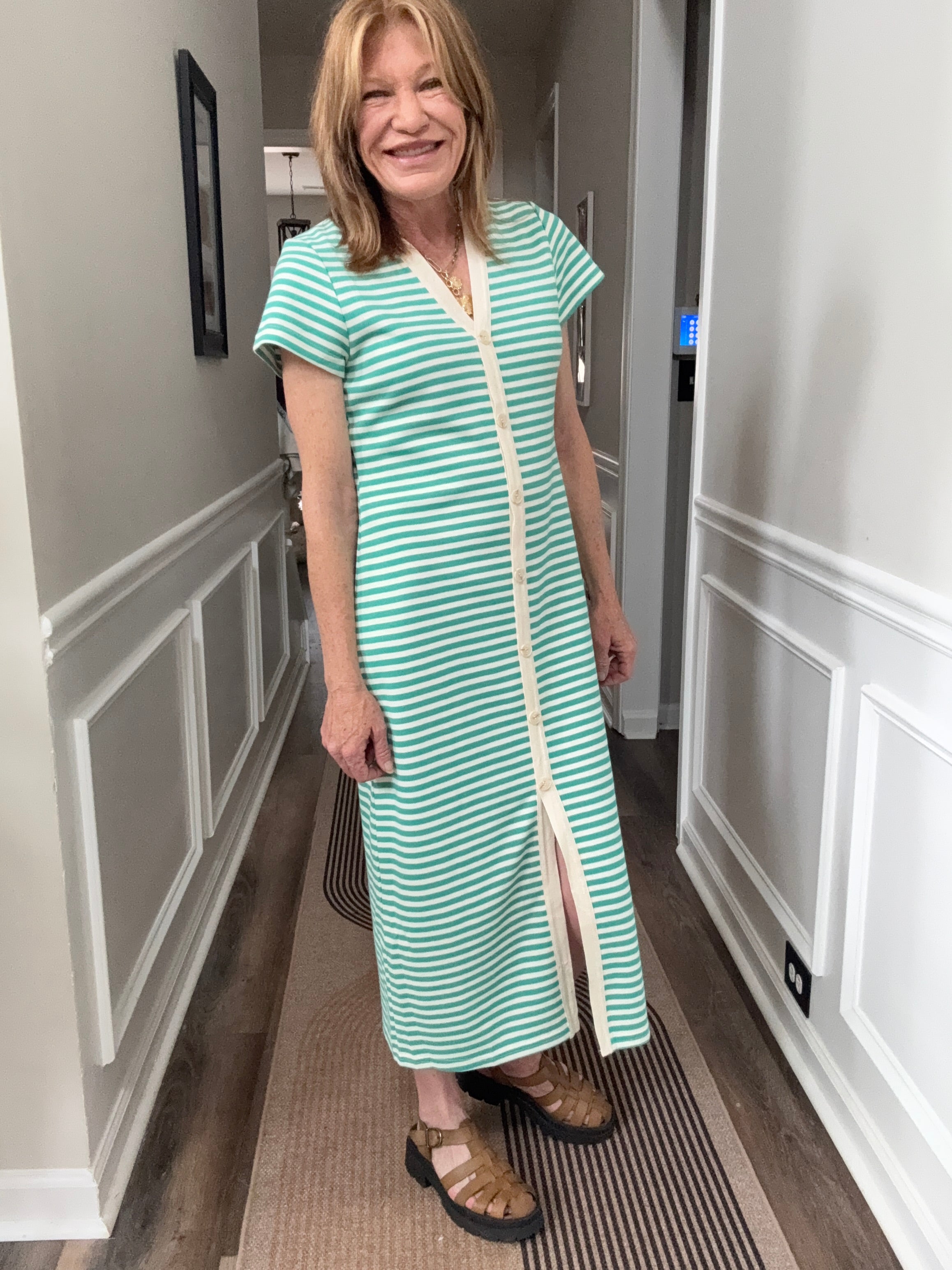 Stripe Button Down Dress in Jade