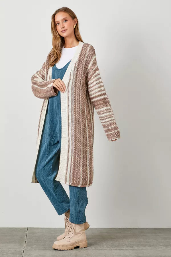 Stripe Long Sweater Cardigan in Cream/Mocha