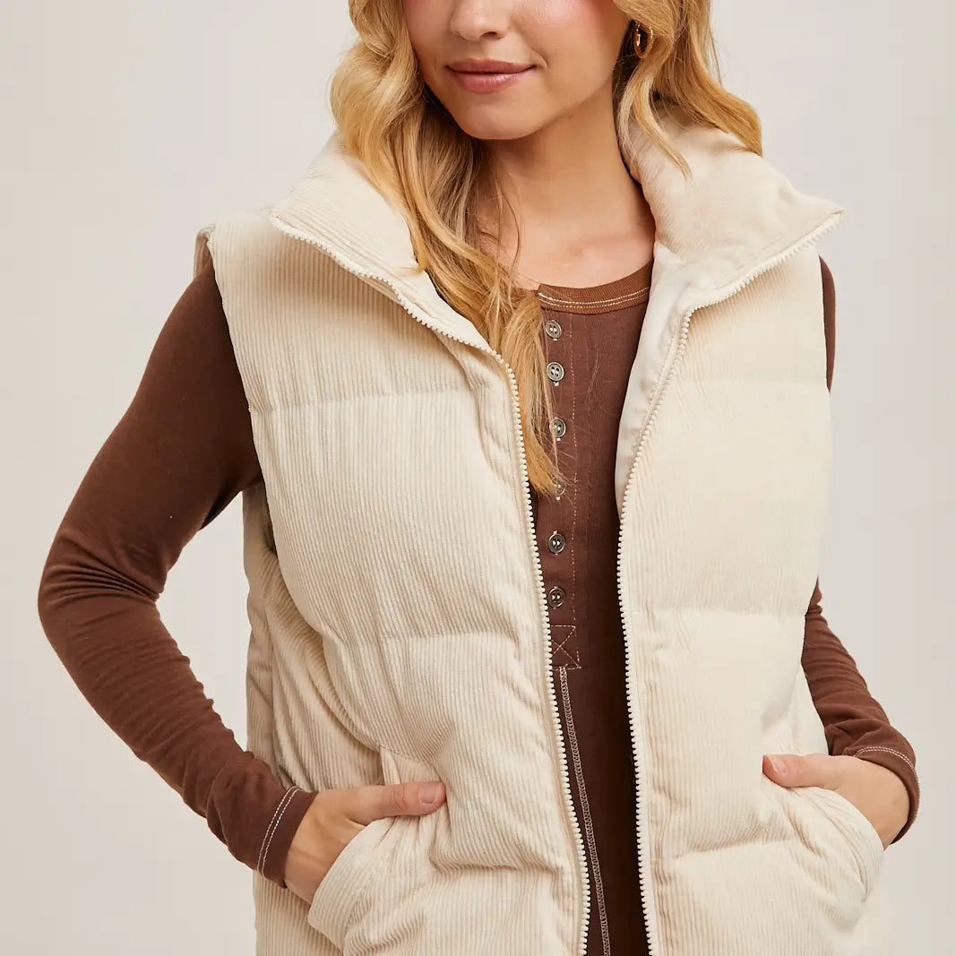 Corduroy Quilted Puffer Vest in Ecru