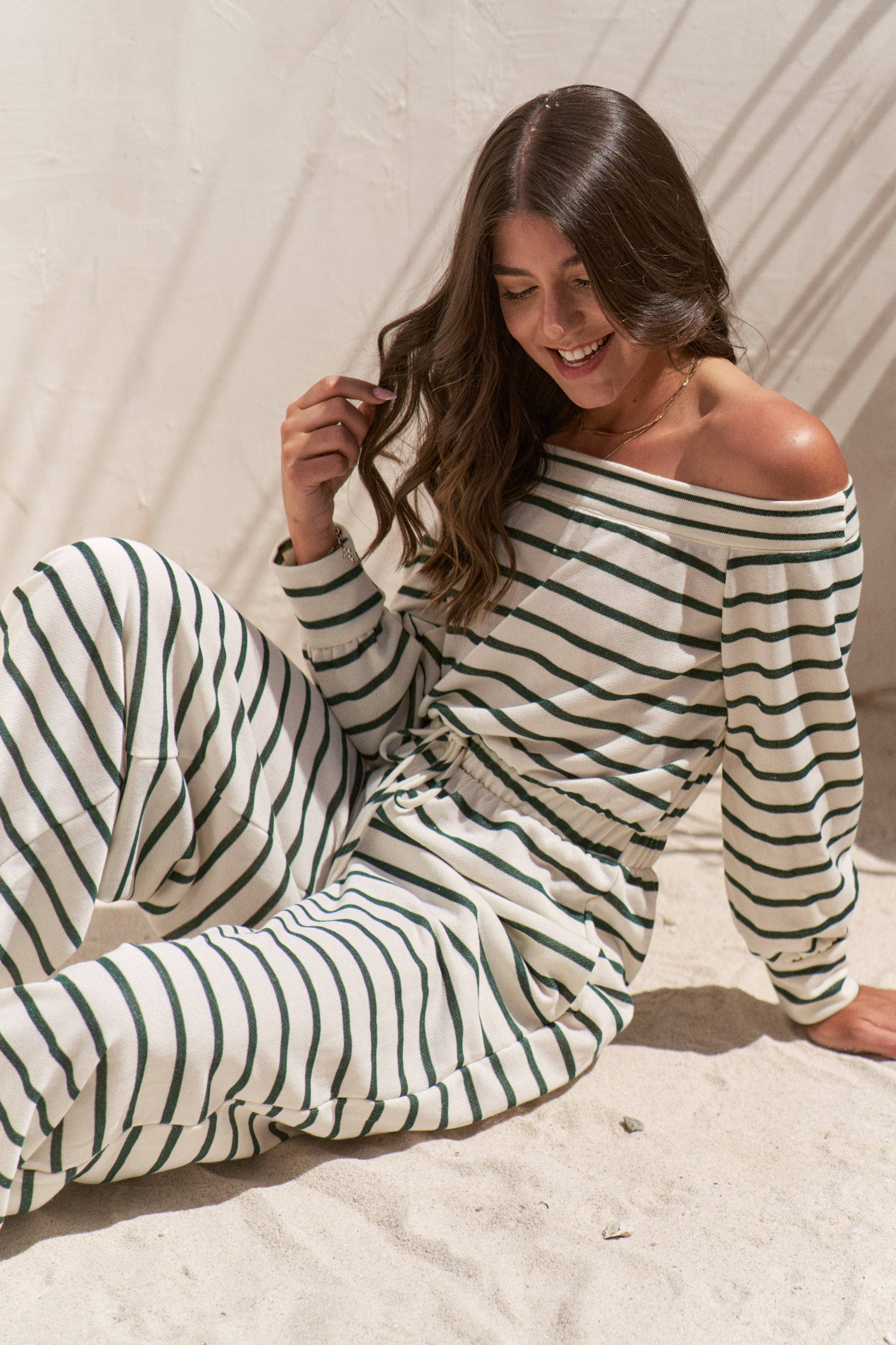 OFF-SHOULDER STRIPED TERRY JUMPSUIT in White/Green