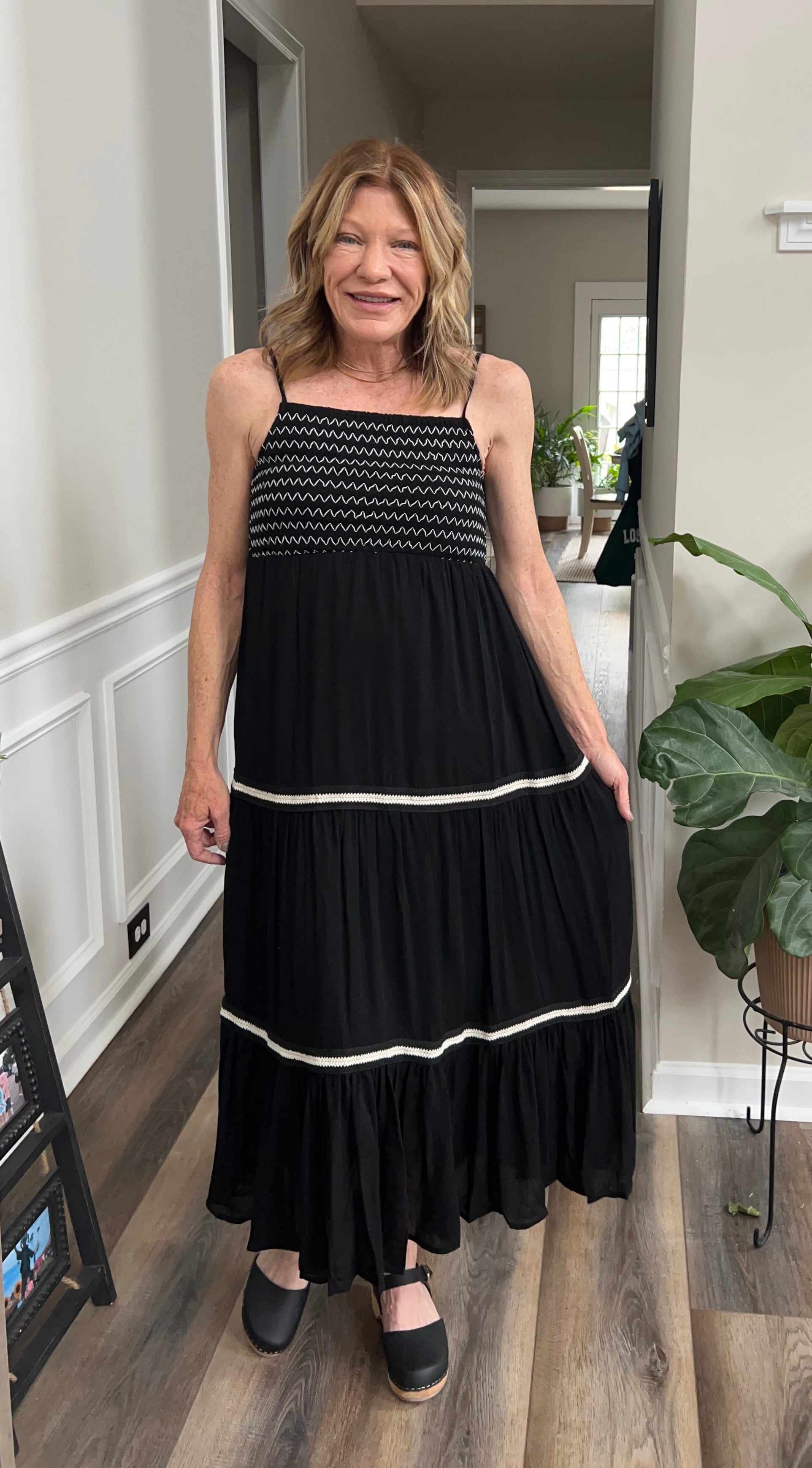 Smocked Contrast Midi Dress in Black and White