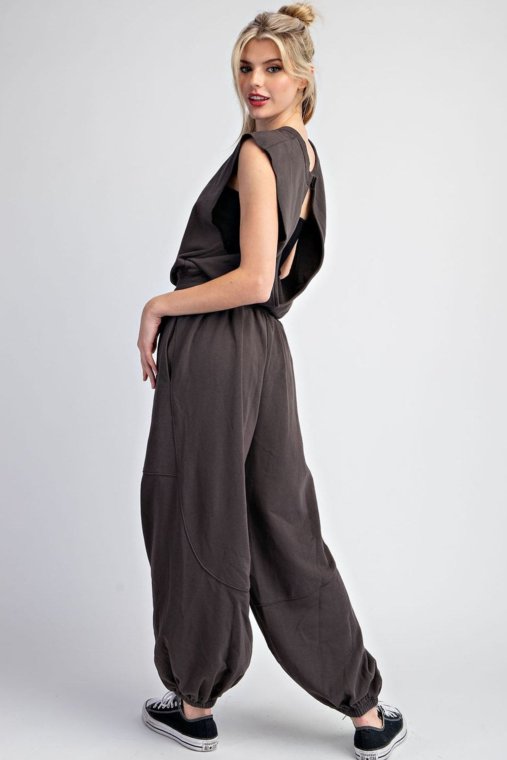 Mineral Washed Open Back Jumpsuit in Ash Black