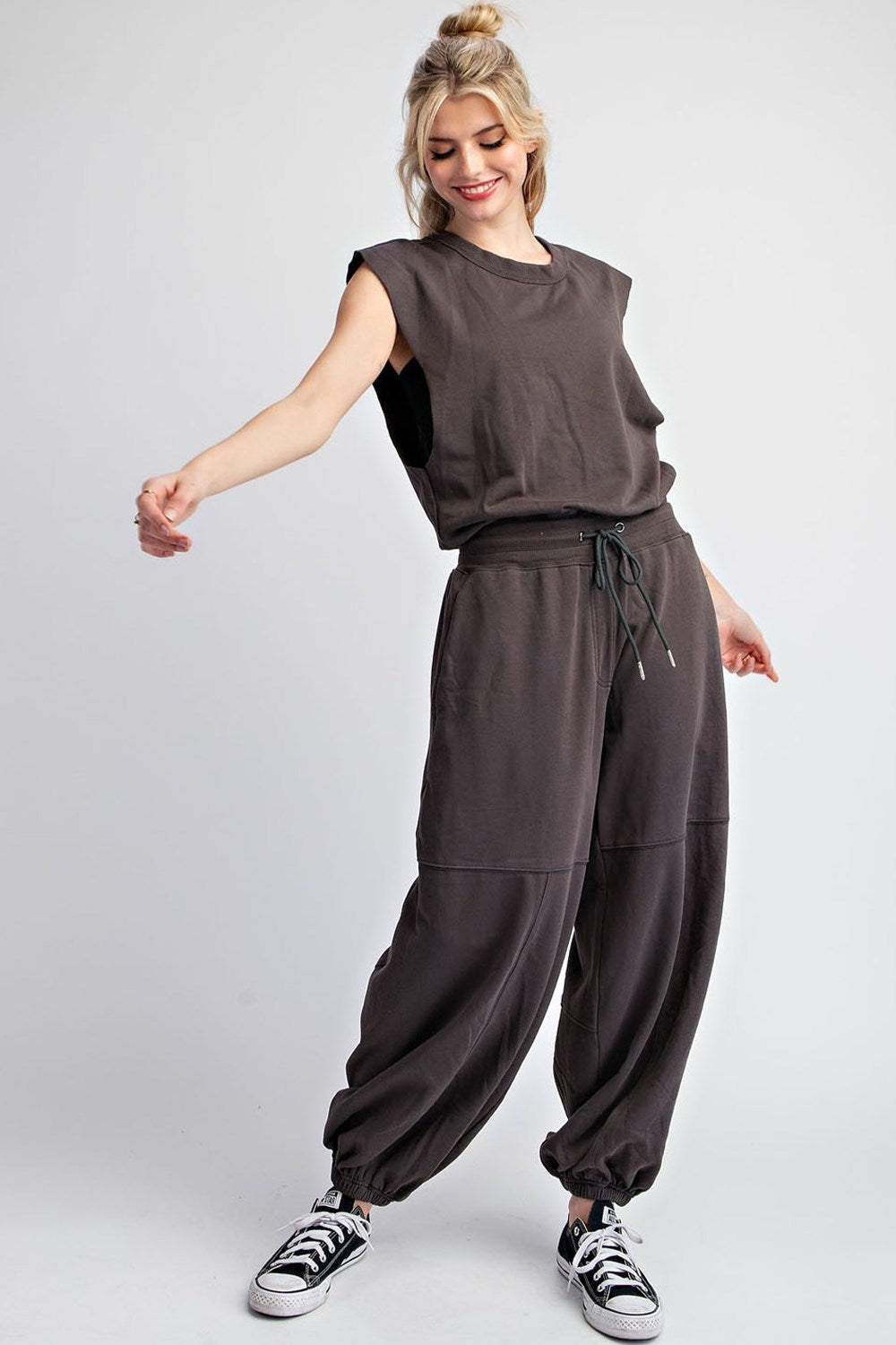 Mineral Washed Open Back Jumpsuit in Ash Black
